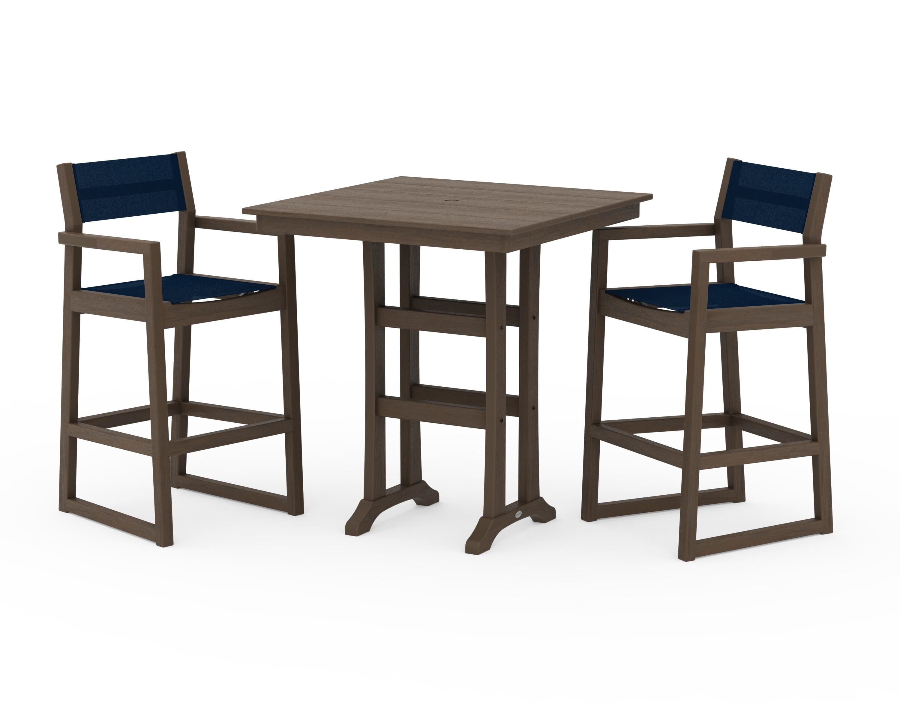POLYWOOD EDGE Sling Arm Chair 3-Piece Farmhouse Bar Set with Trestle Legs in Kona / Navy Blue Sling