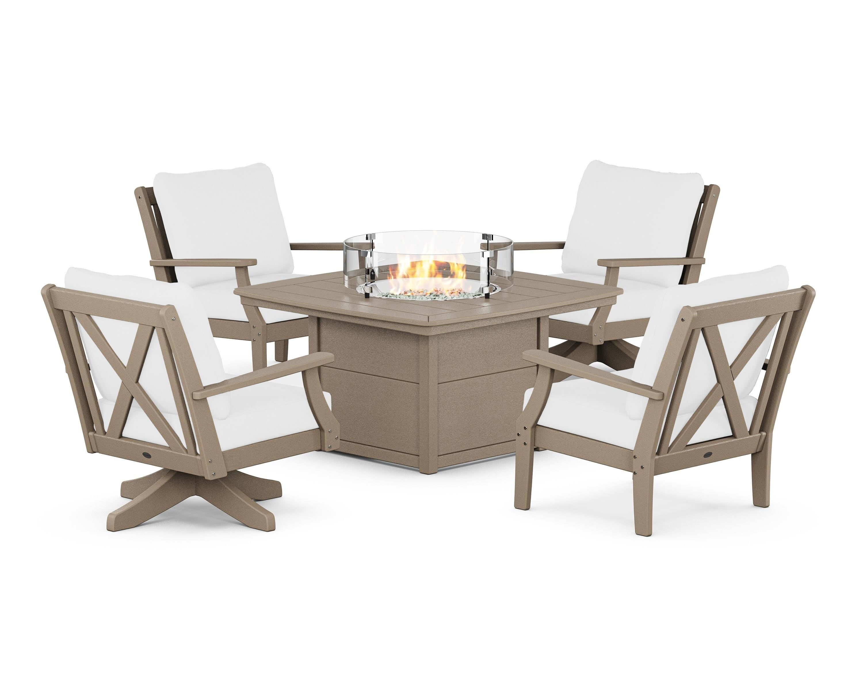 POLYWOOD Braxton 5-Piece Deep Seating Set with Fire Table in Vintage Sahara / Natural