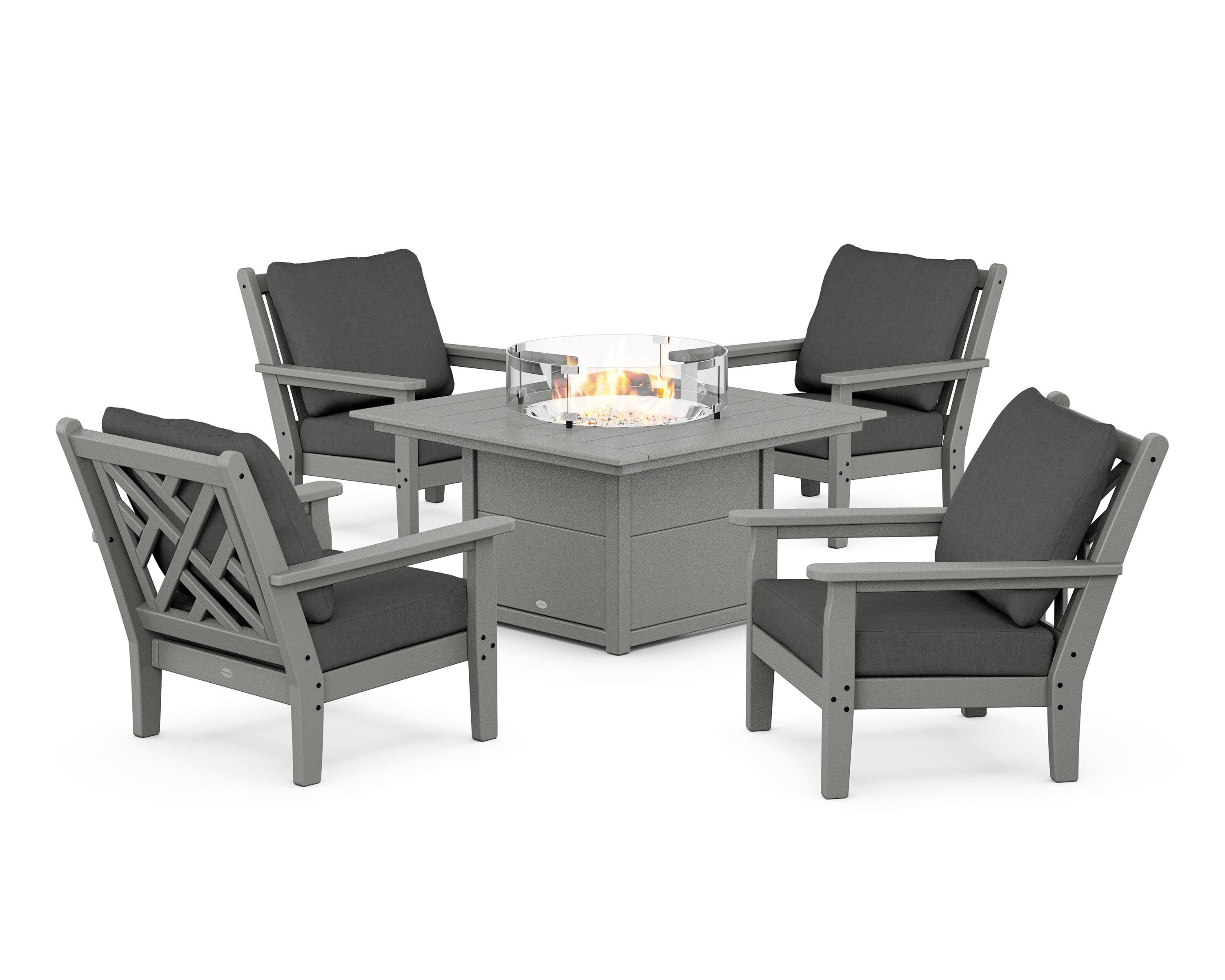 POLYWOOD Chippendale 5-Piece Deep Seating Set with Fire Pit Table in Slate Grey / Spectrum Carbon