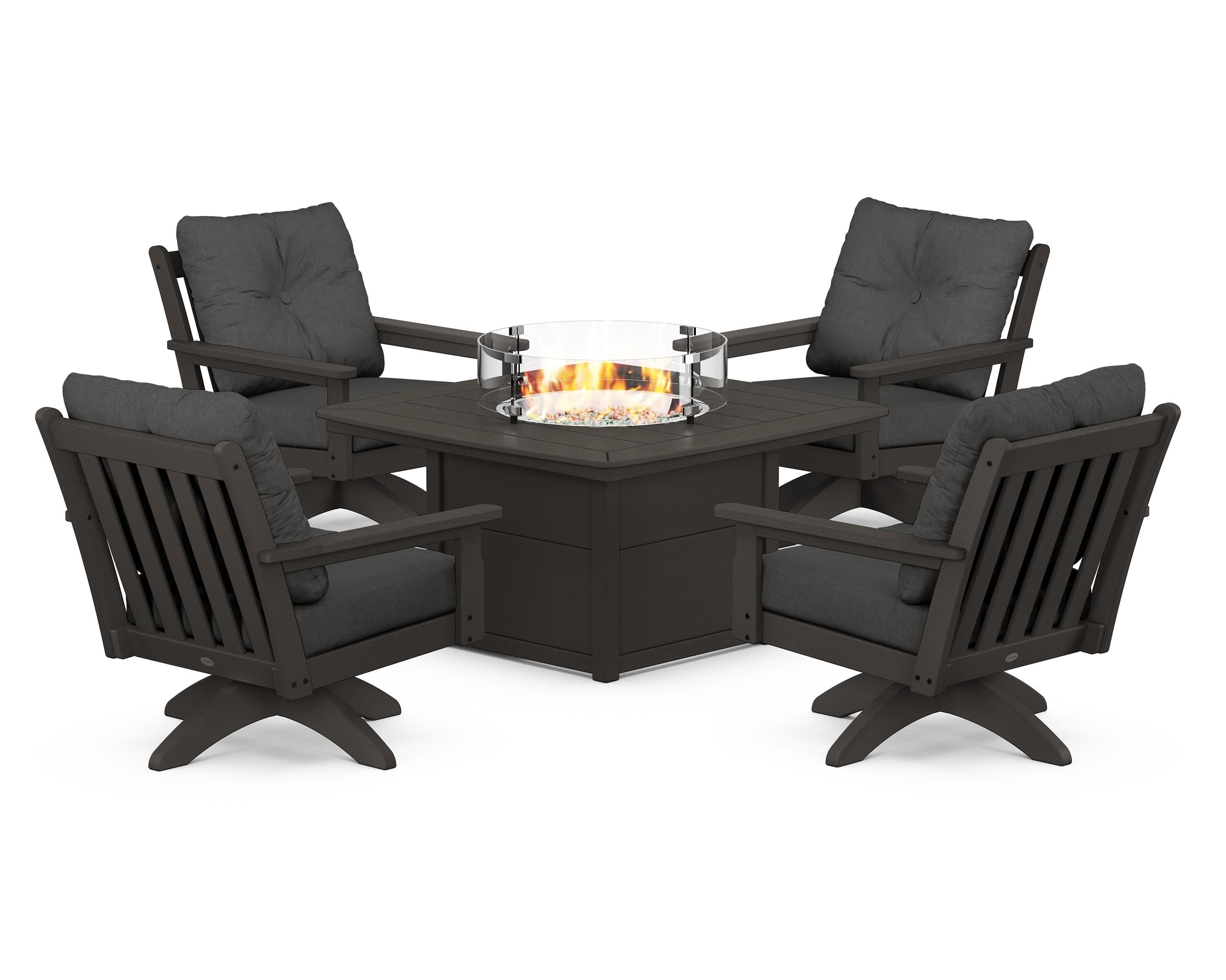 POLYWOOD Vineyard 5-Piece Deep Seating Swivel Conversation Set with Fire Pit Table in Vintage Coffee / Spectrum Carbon