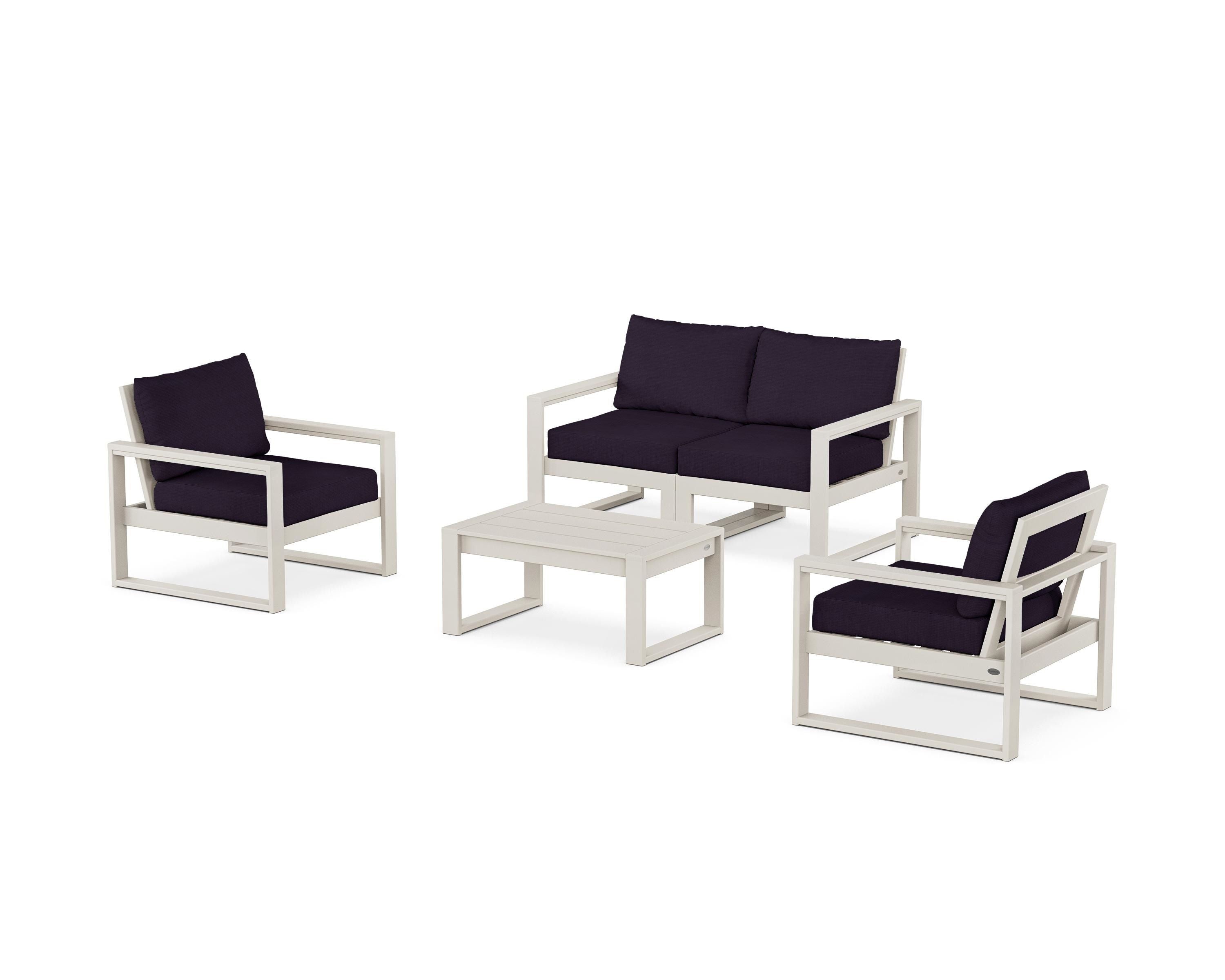 POLYWOOD EDGE Sectional 4-Piece Deep Seating Set with Loveseat in Sand / Navy Linen