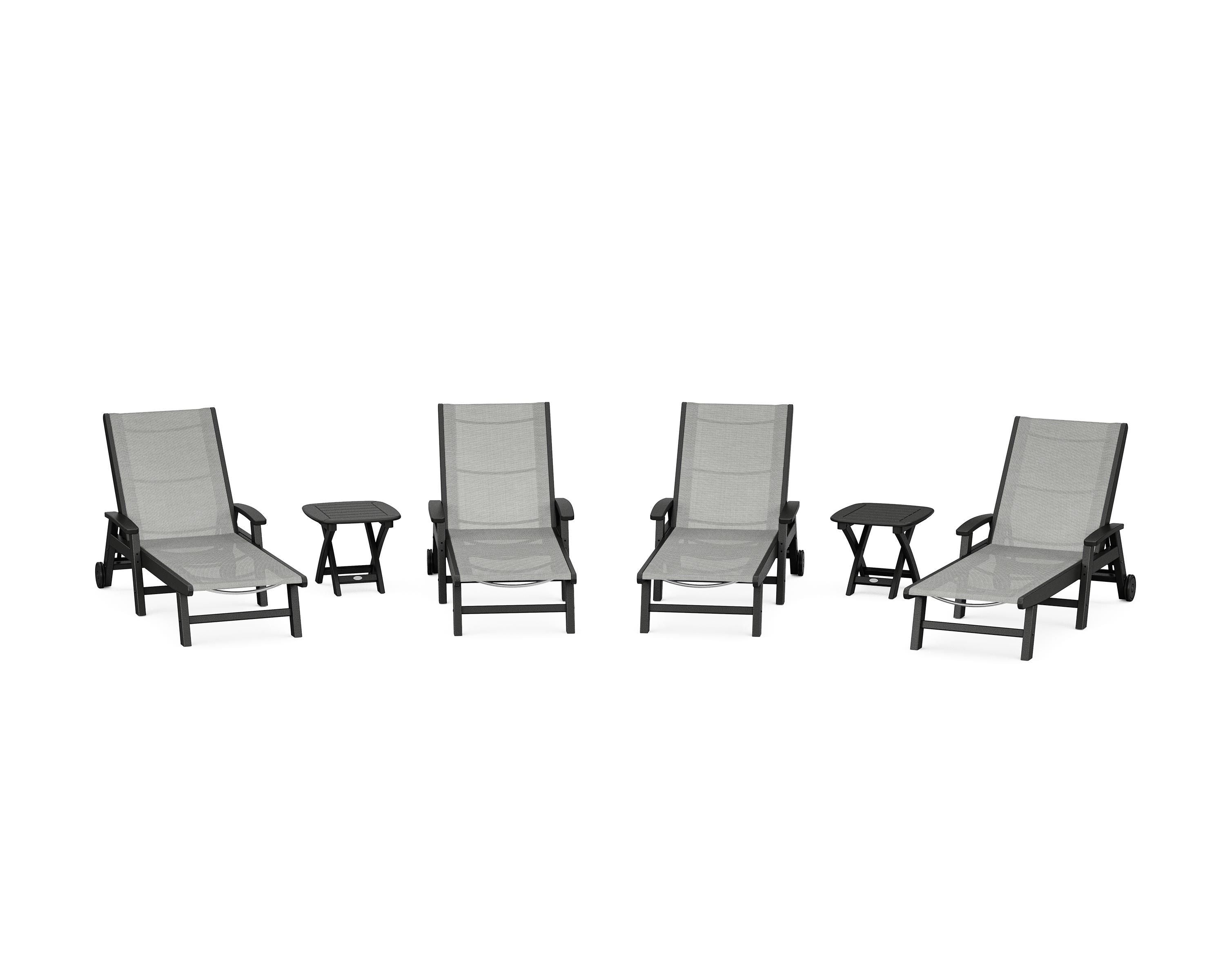 POLYWOOD Coastal Chaise 6-Piece Set with Wheels in Black / Metallic Sling