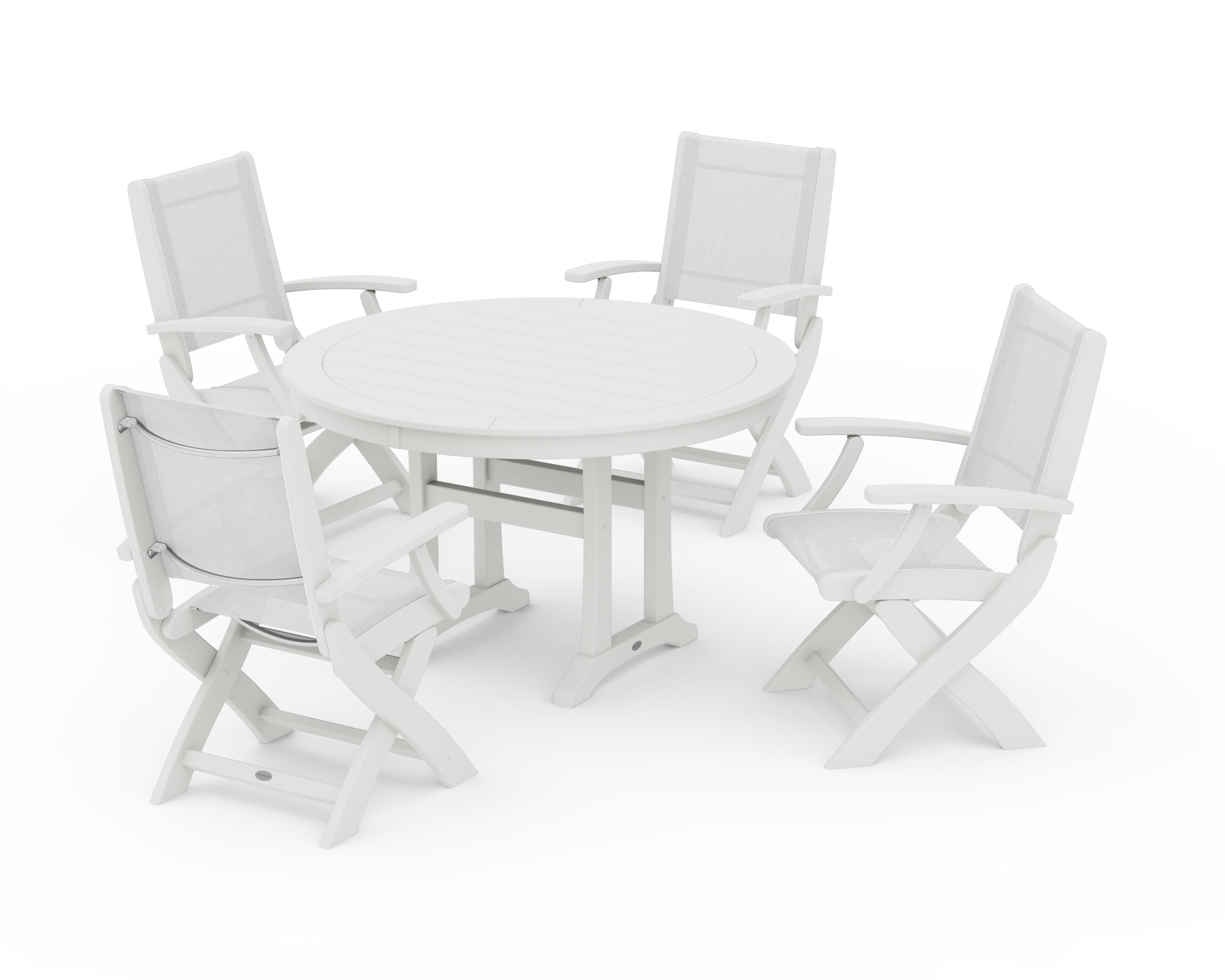 POLYWOOD Coastal Folding Chair 5-Piece Round Dining Set with Trestle Legs in Vintage White / White Sling