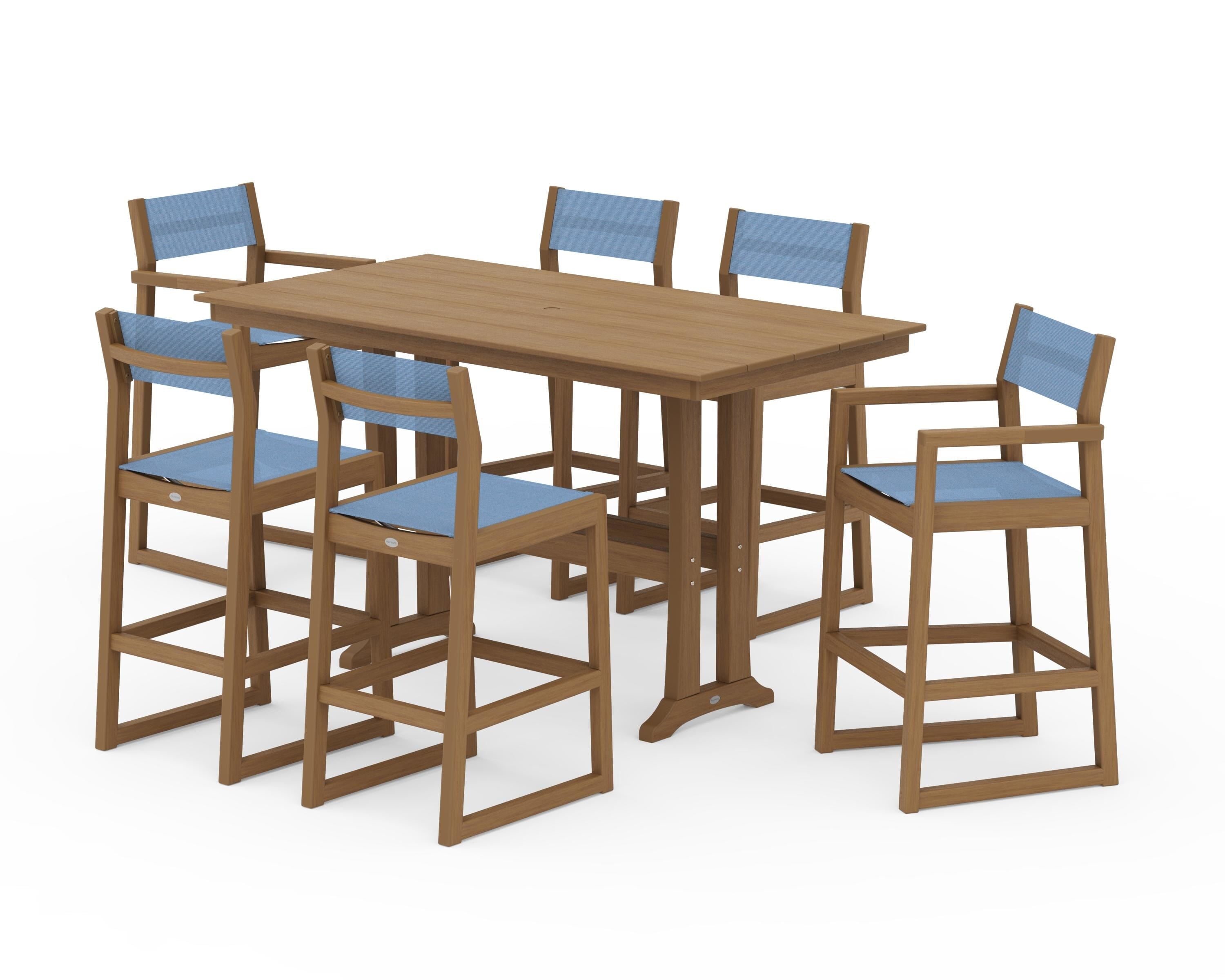 POLYWOOD EDGE Sling 7-Piece Farmhouse Bar Set with Trestle Legs in Natural / Poolside Sling