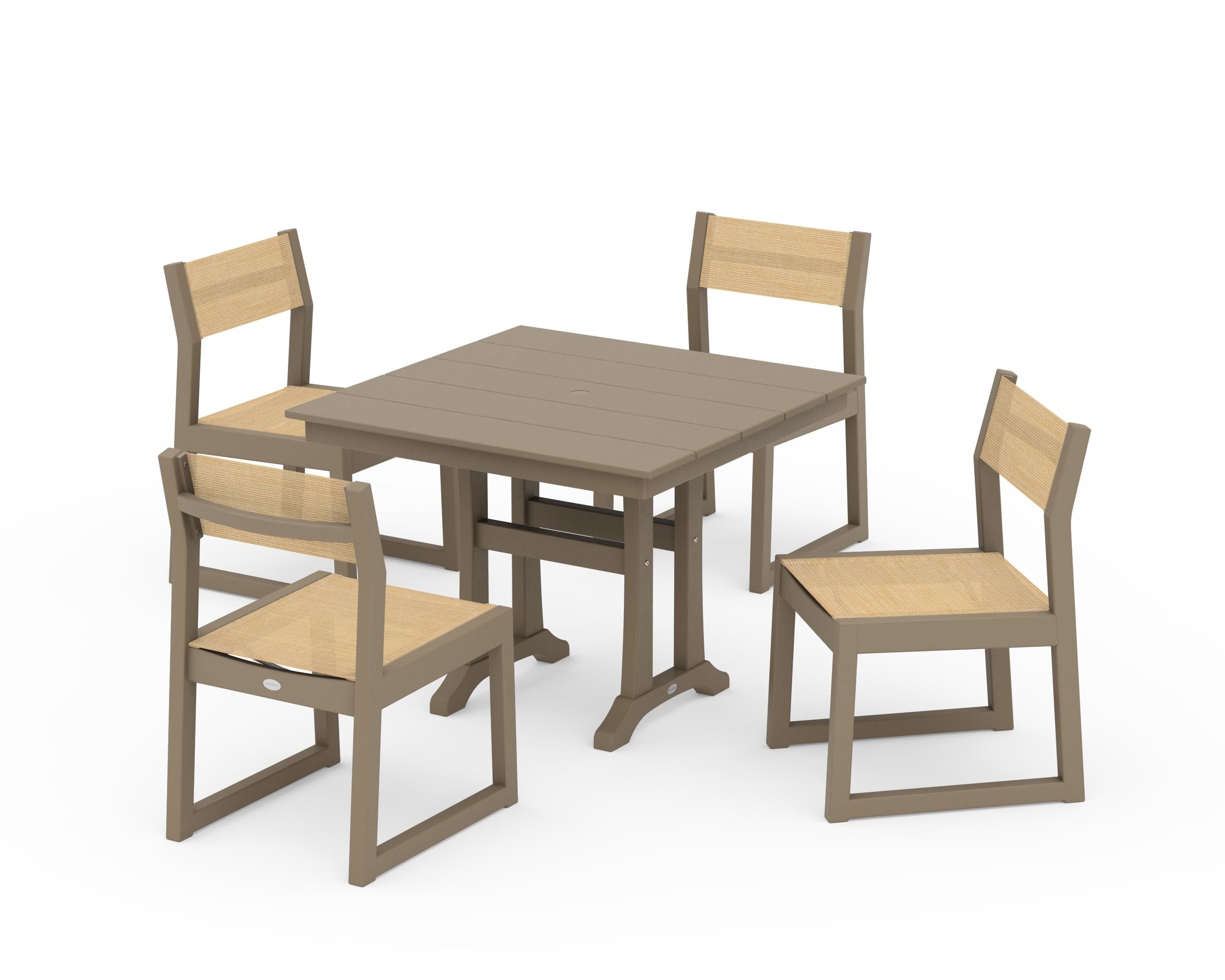 POLYWOOD EDGE Sling 5-Piece Farmhouse Trestle Side Chair Dining Set in Vintage Sahara / Dupioni Apricot Sling