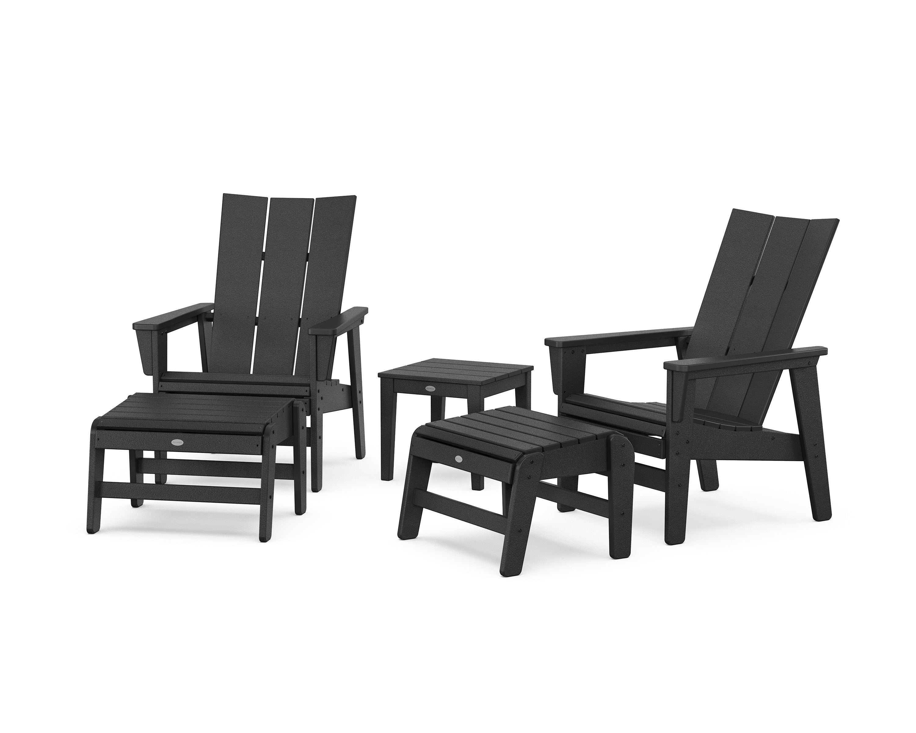 POLYWOOD 5-Piece Modern Grand Upright Adirondack Set with Ottomans and Side Table in Black