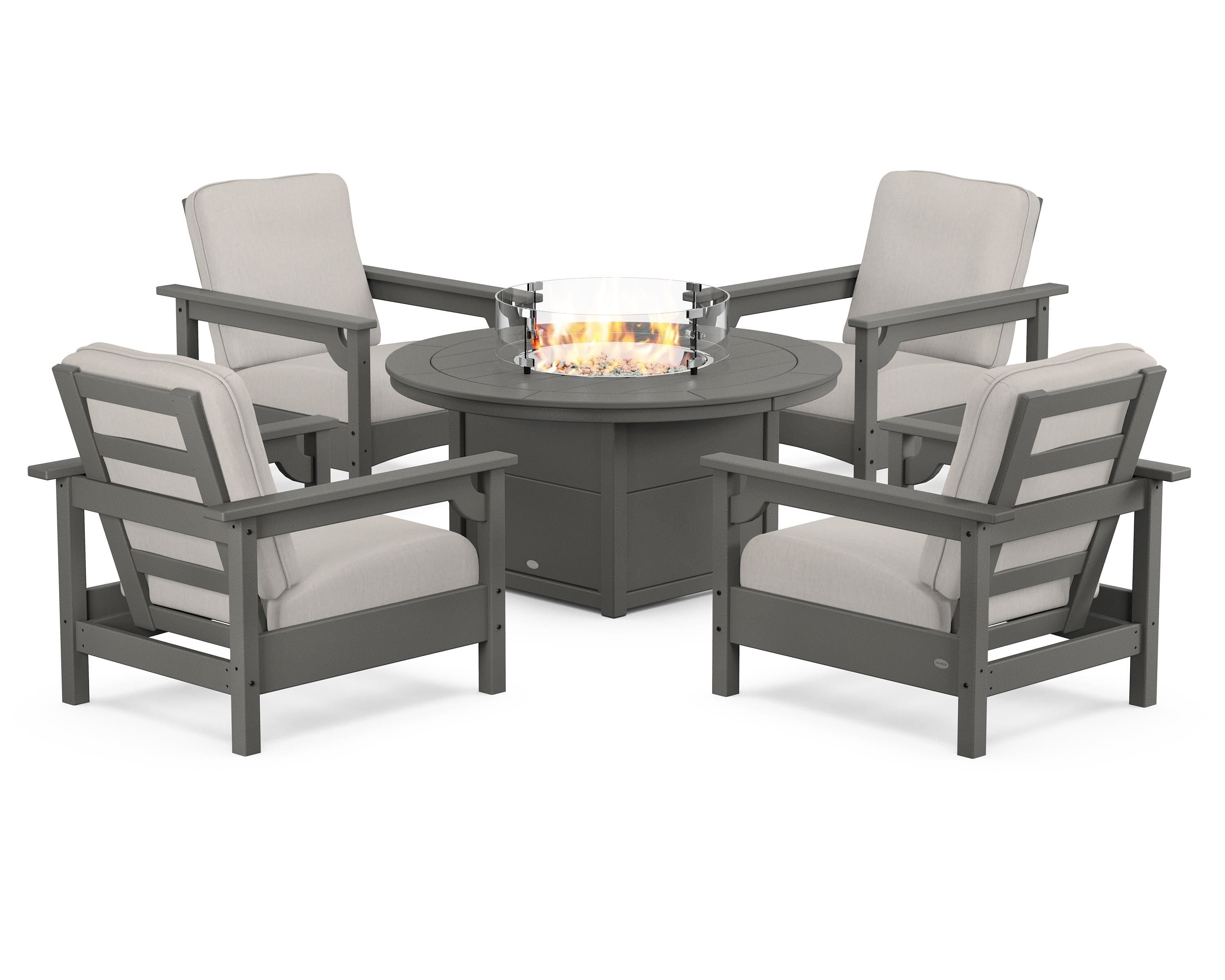 POLYWOOD Club 5-Piece Conversation Set with Fire Pit Table in Slate Grey / Cast Ash