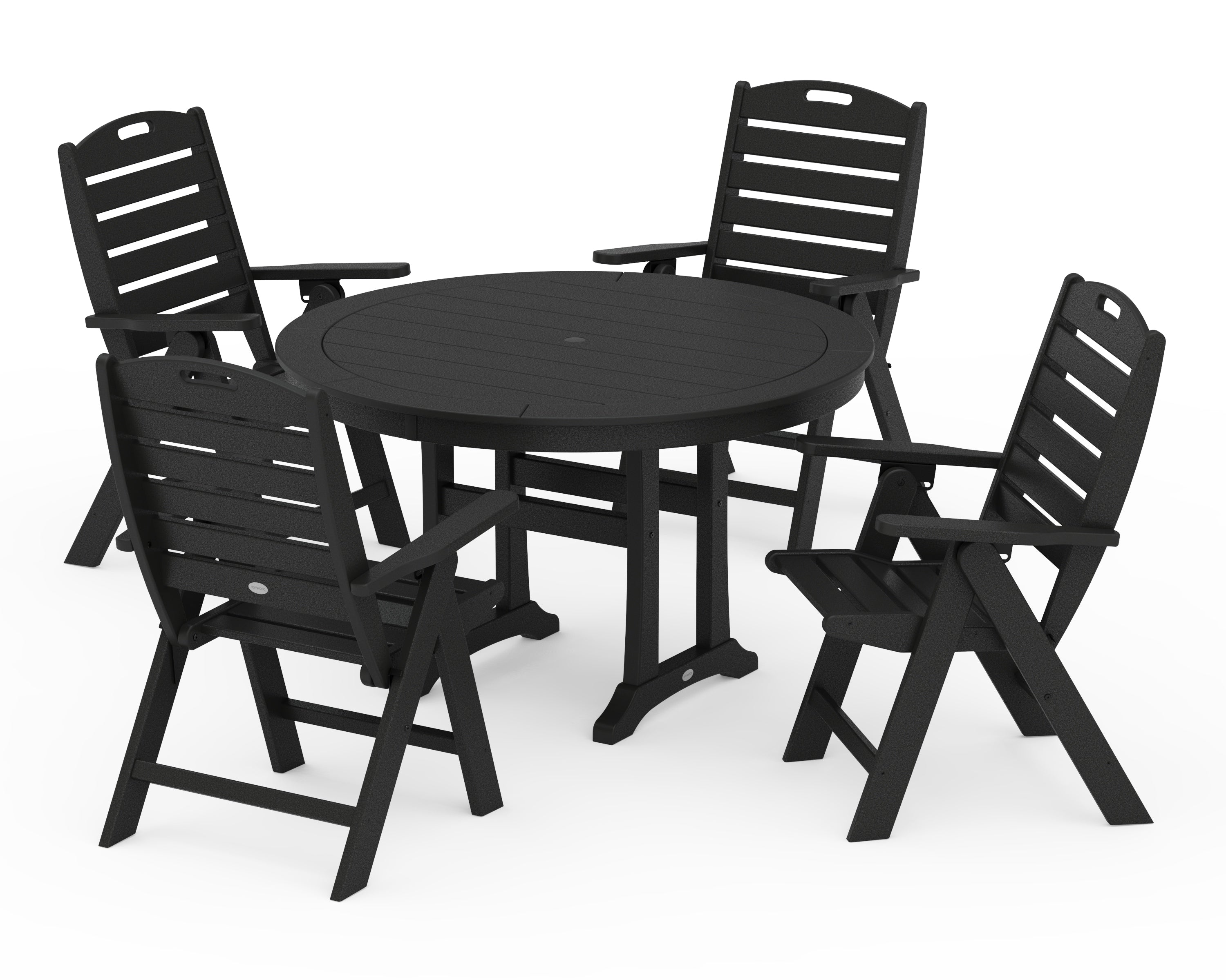 POLYWOOD Nautical Highback Chair 5-Piece Round Dining Set with Trestle Legs in Black