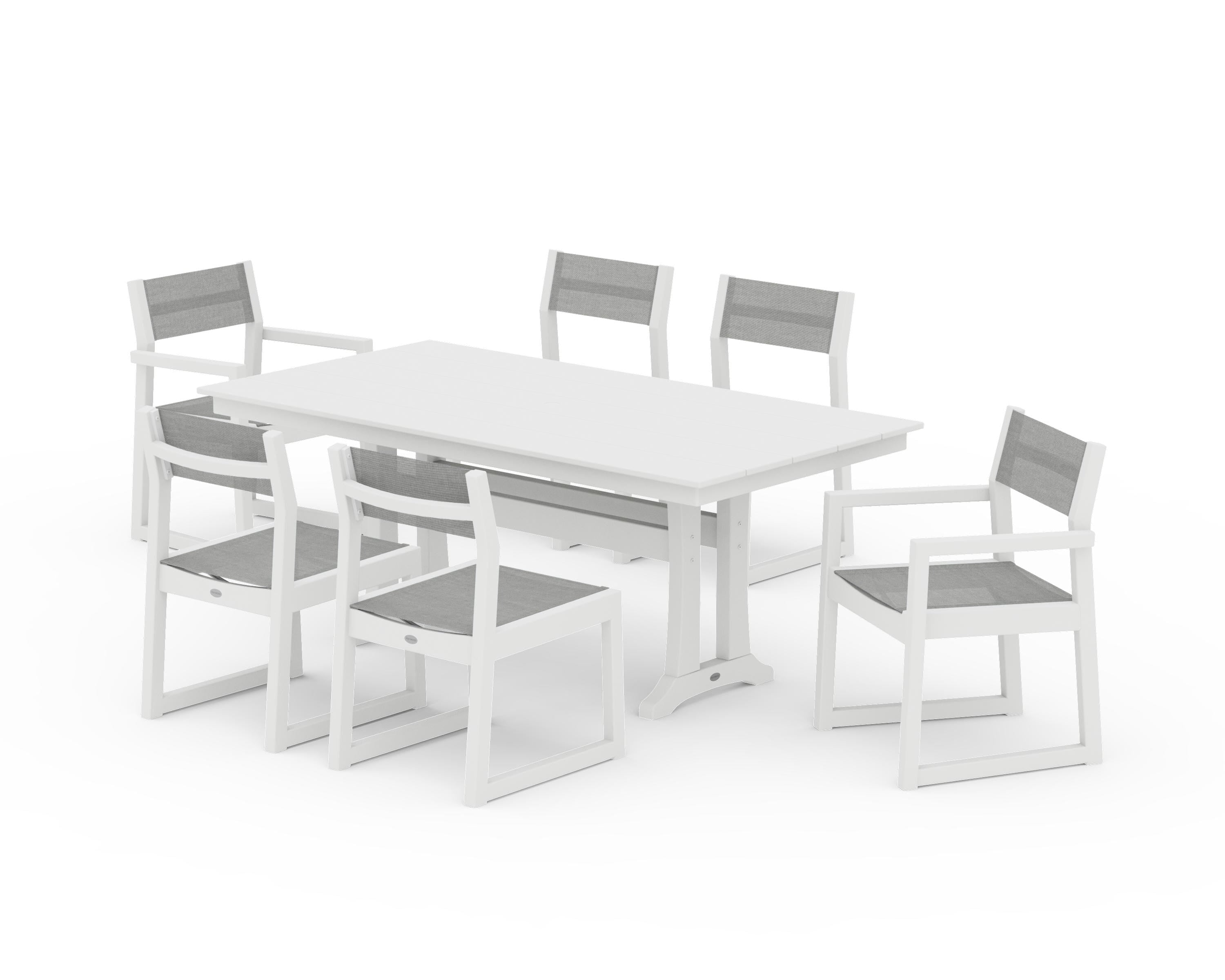POLYWOOD EDGE Sling 7-Piece Farmhouse Trestle Dining Set in White / Metallic Sling