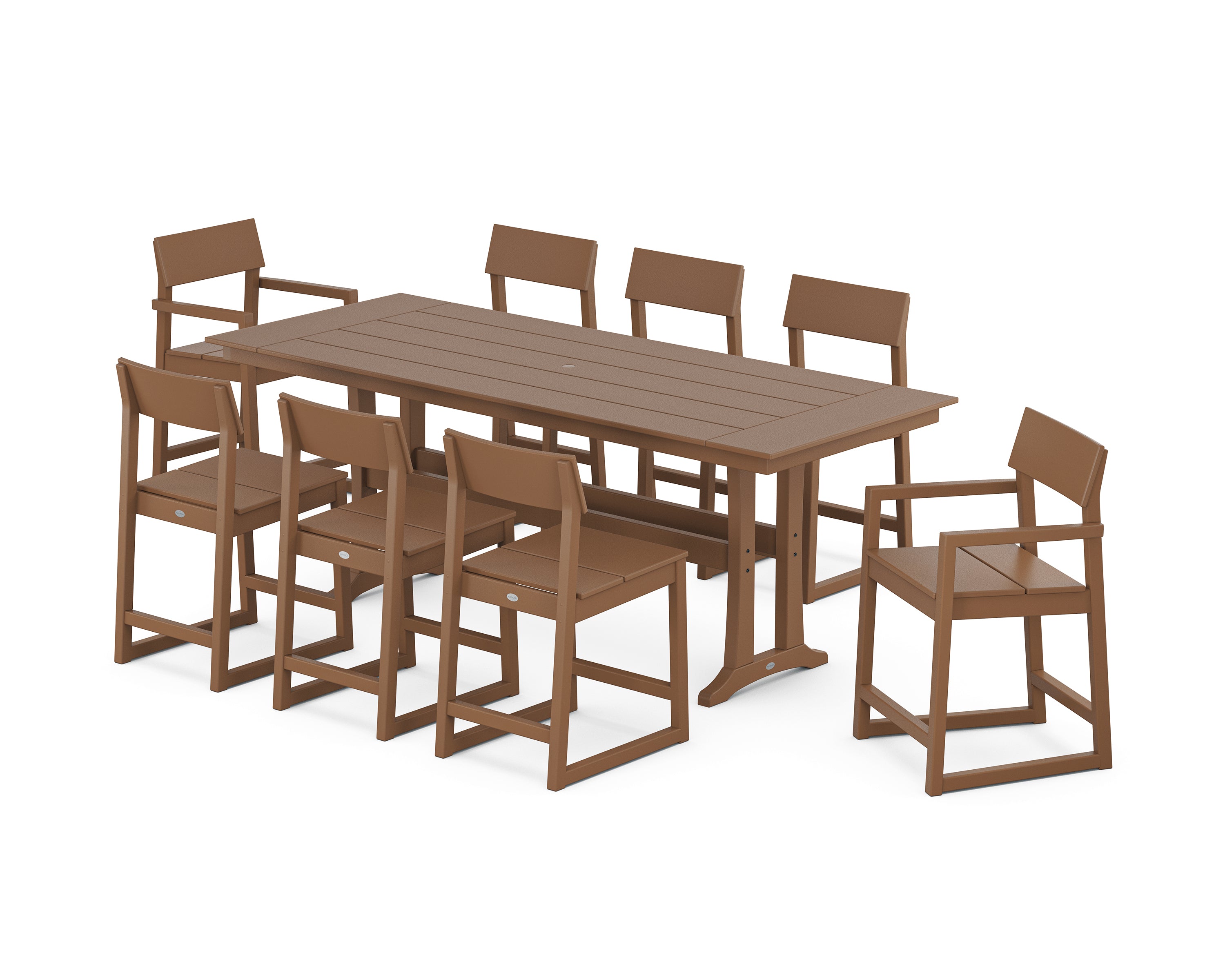 POLYWOOD EDGE 9-Piece Farmhouse Counter Set with Trestle Legs in Teak
