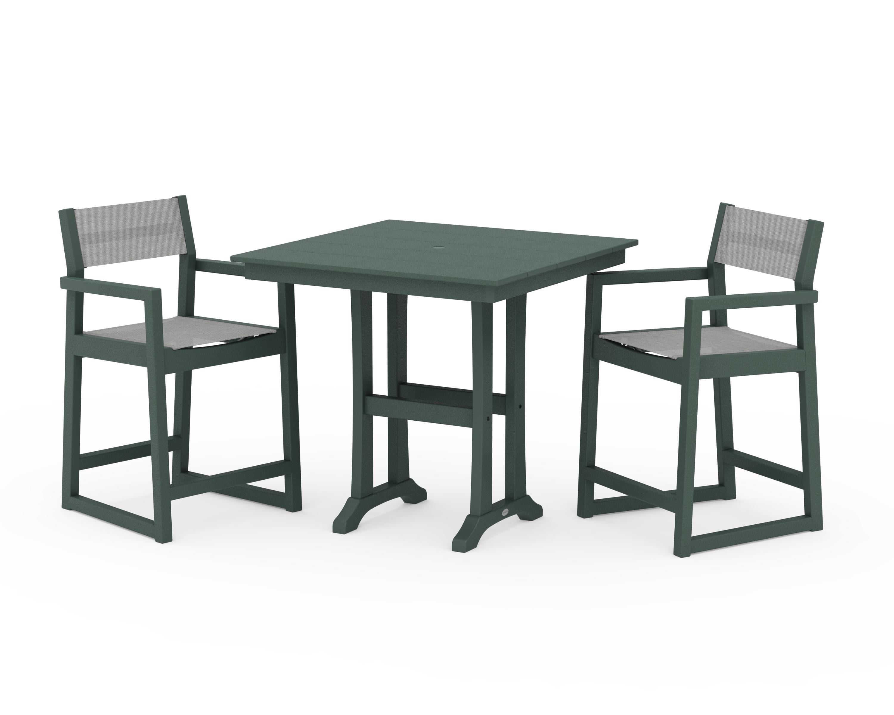 POLYWOOD EDGE Sling Arm Chair 3-Piece Farmhouse Counter Set with Trestle Legs in Green / Metallic Sling