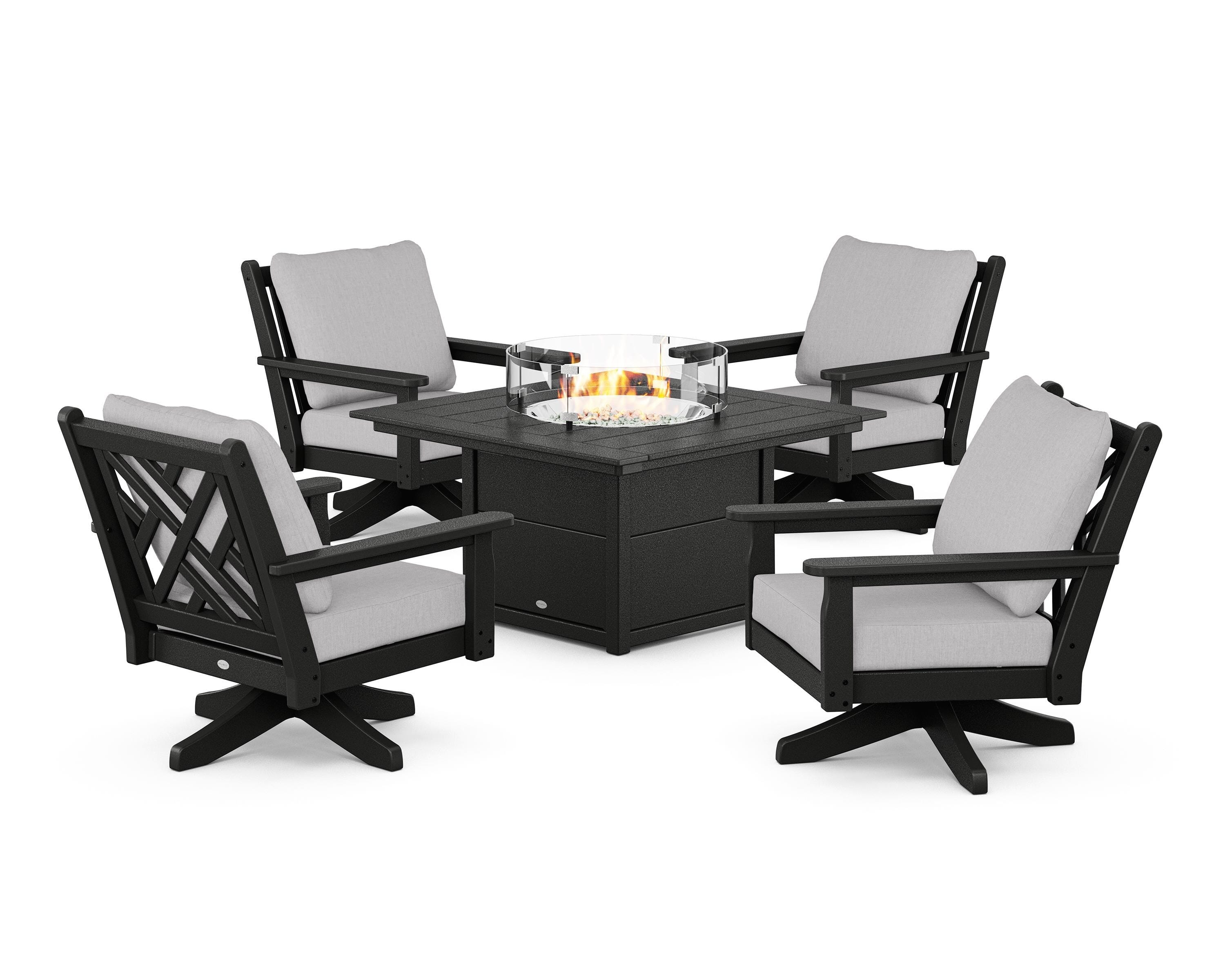 POLYWOOD Chippendale 5-Piece Deep Seating Swivel Conversation Set with Fire Pit Table in Black / Granite