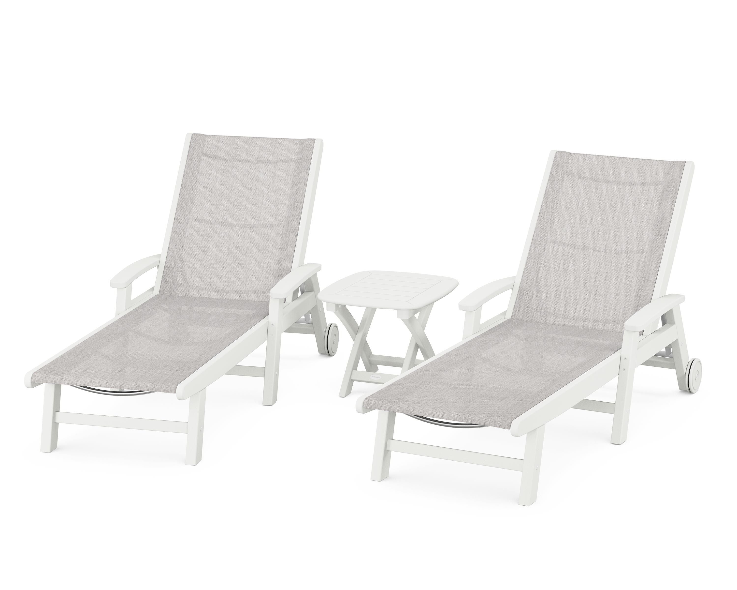 POLYWOOD Coastal 3-Piece Wheeled Chaise Set in Vintage White / Parchment Sling