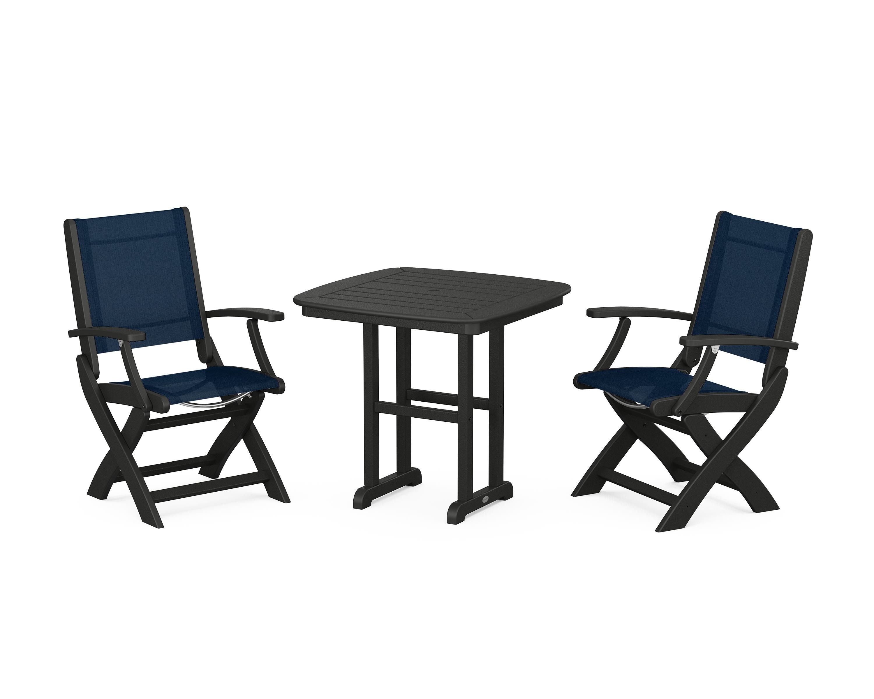 POLYWOOD Coastal Folding Chair 3-Piece Dining Set in Black / Navy Blue Sling