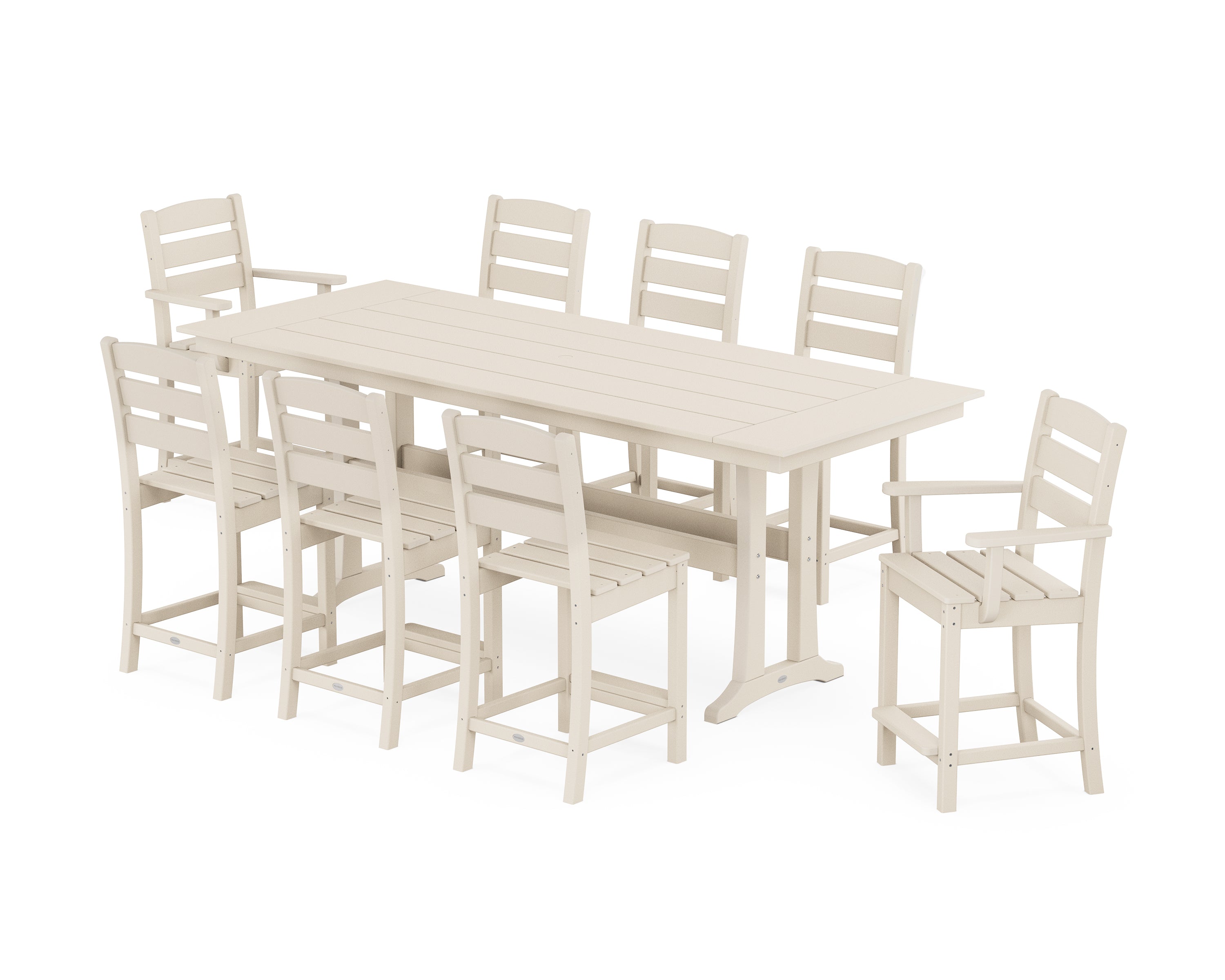 POLYWOOD Lakeside 9-Piece Farmhouse Counter Set with Trestle Legs in Sand