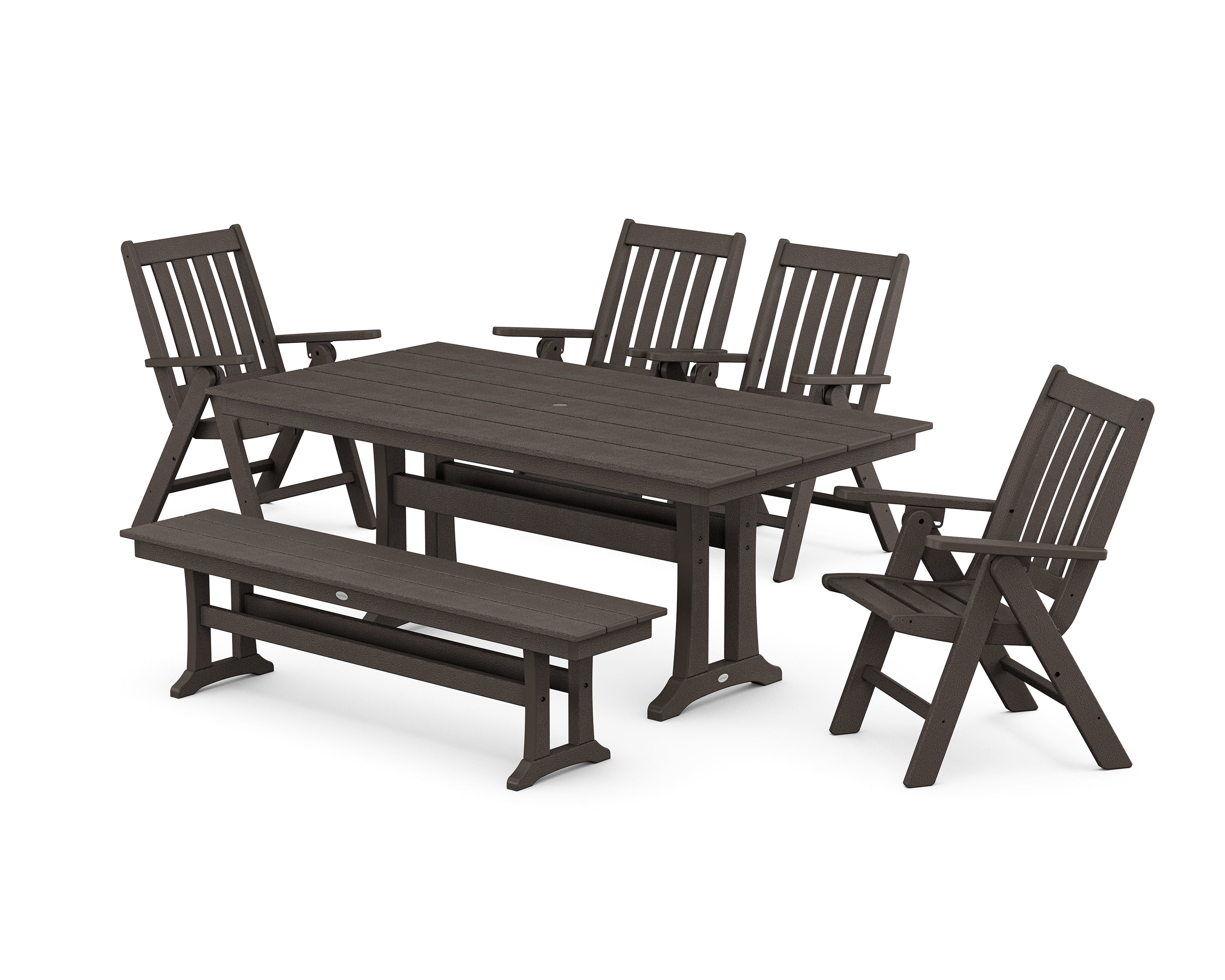 POLYWOOD Vineyard 6-Piece Folding Chair Farmhouse Dining Set with Trestle Legs and Bench in Vintage Coffee