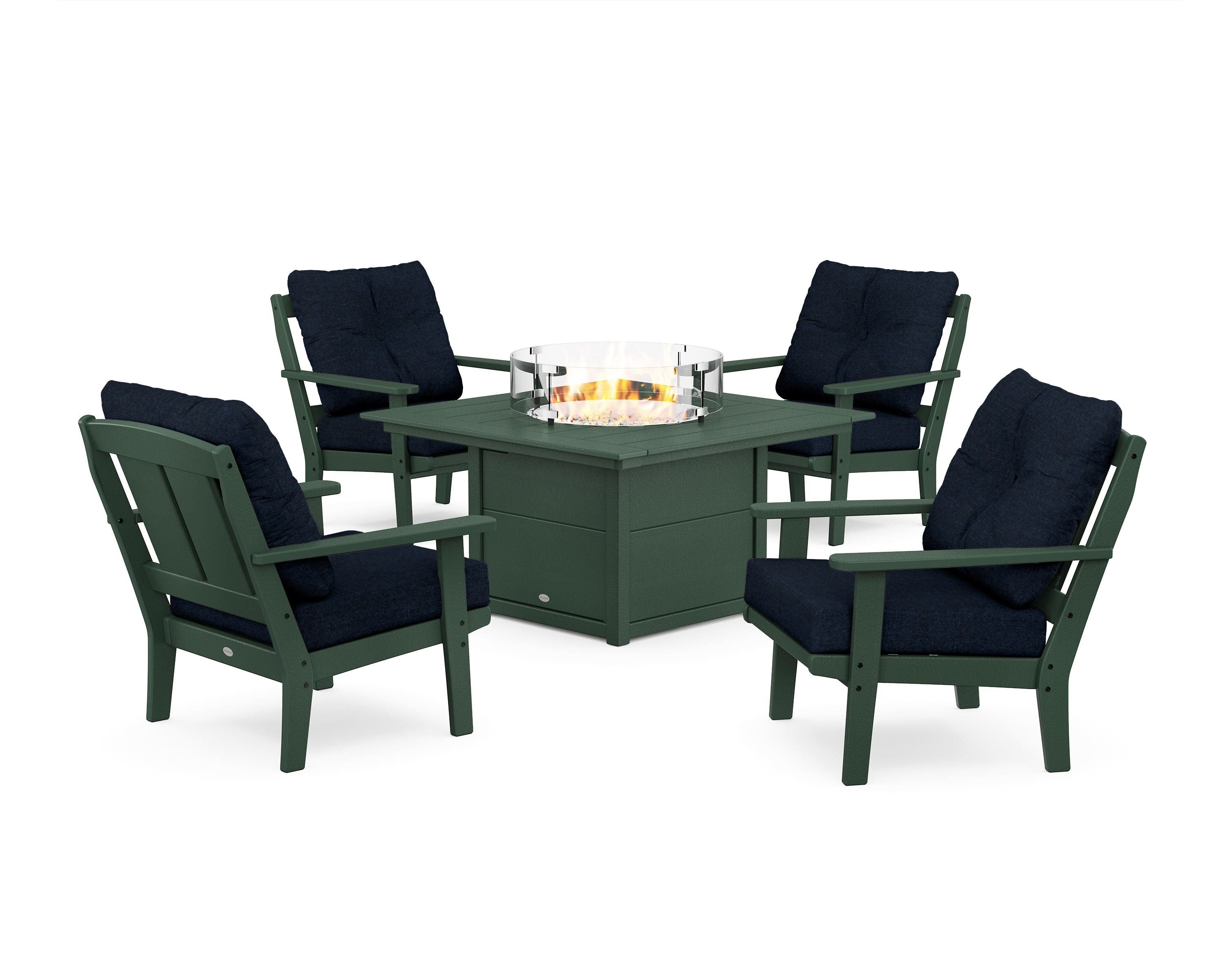 POLYWOOD Mission 5-Piece Deep Seating Set with Fire Pit Table in Green / Marine Indigo