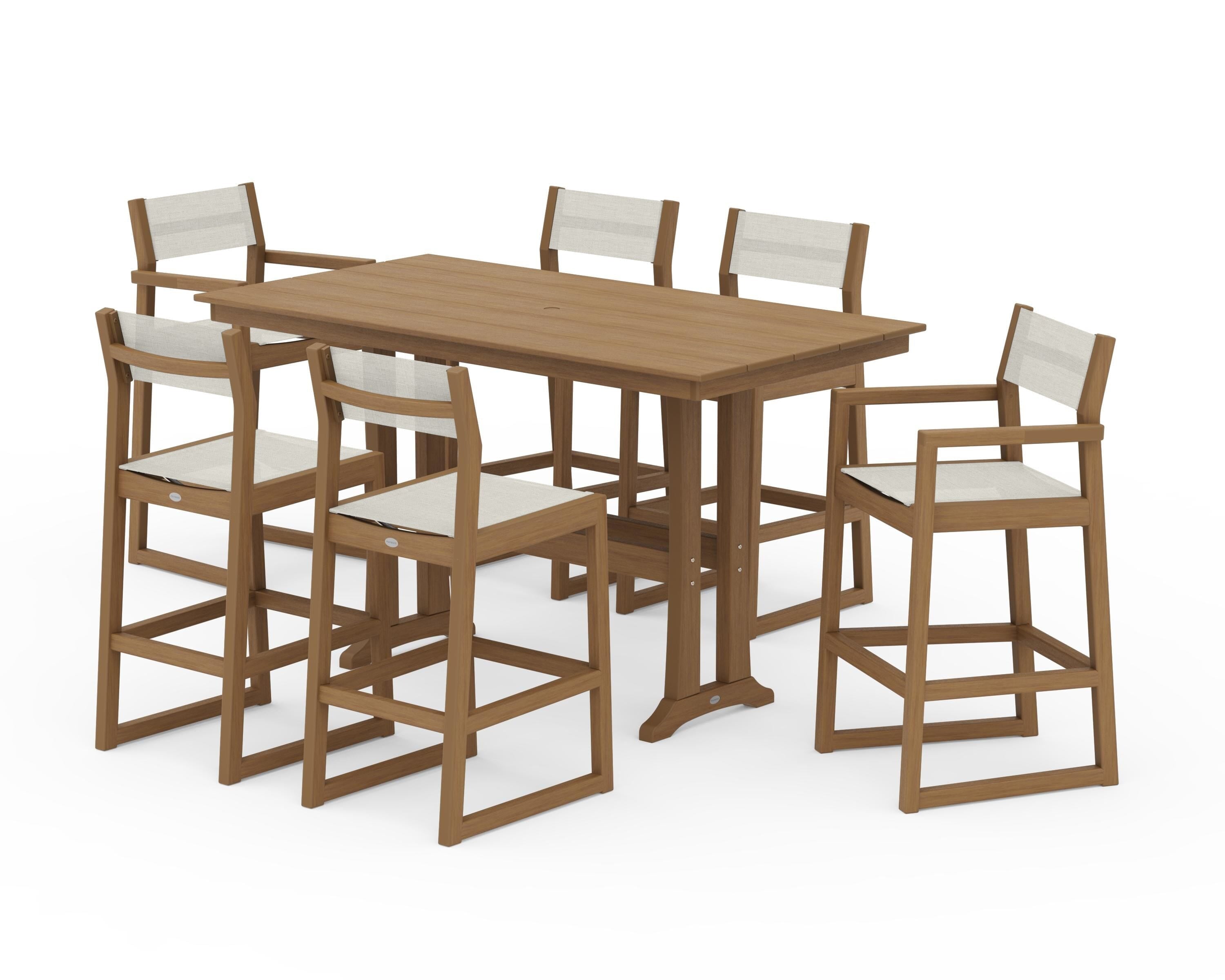 POLYWOOD EDGE Sling 7-Piece Farmhouse Bar Set with Trestle Legs in Natural / Parchment Sling