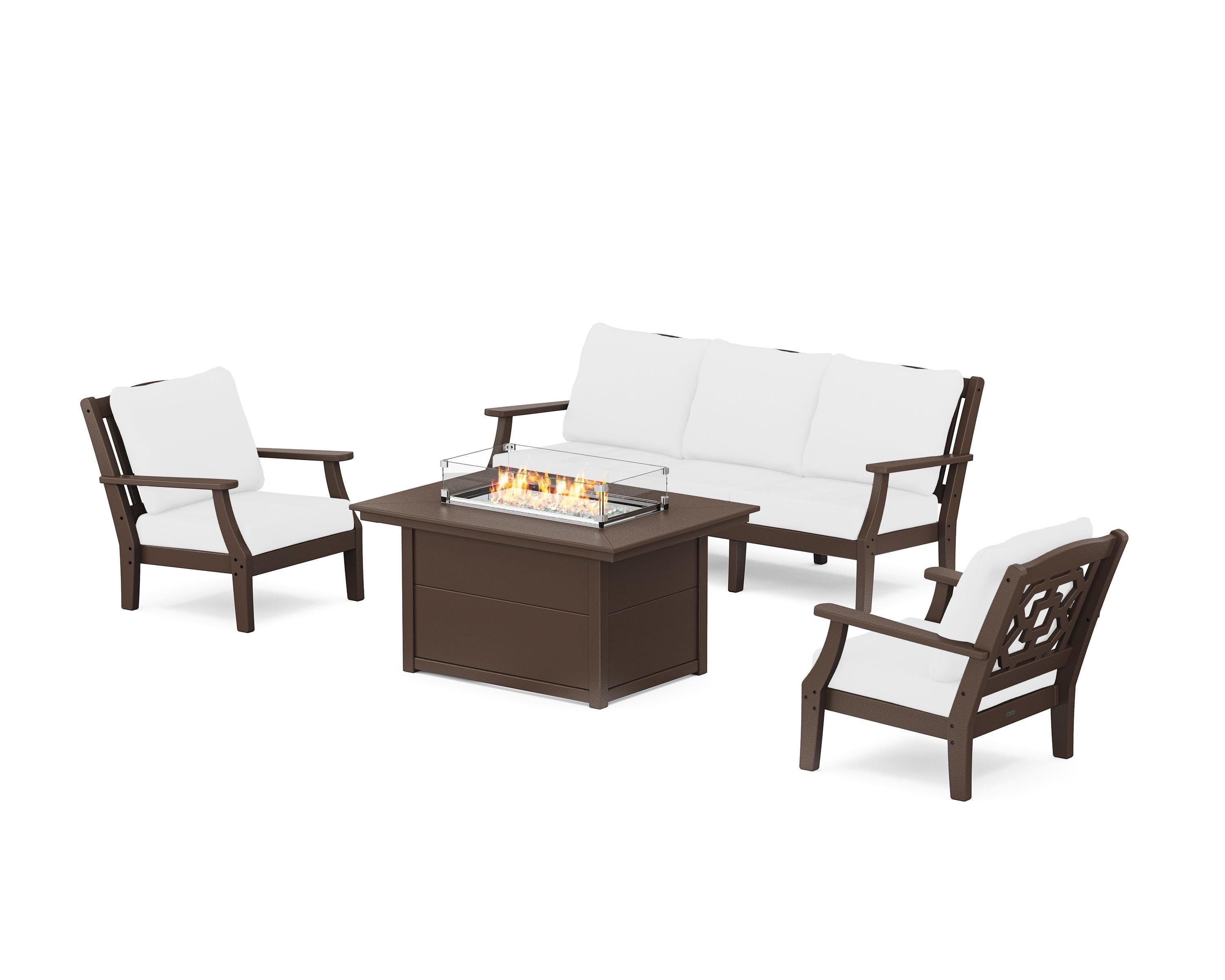 Martha Stewart by POLYWOOD Chinoiserie Deep Seating Fire Pit Table Set in Mahogany / Natural