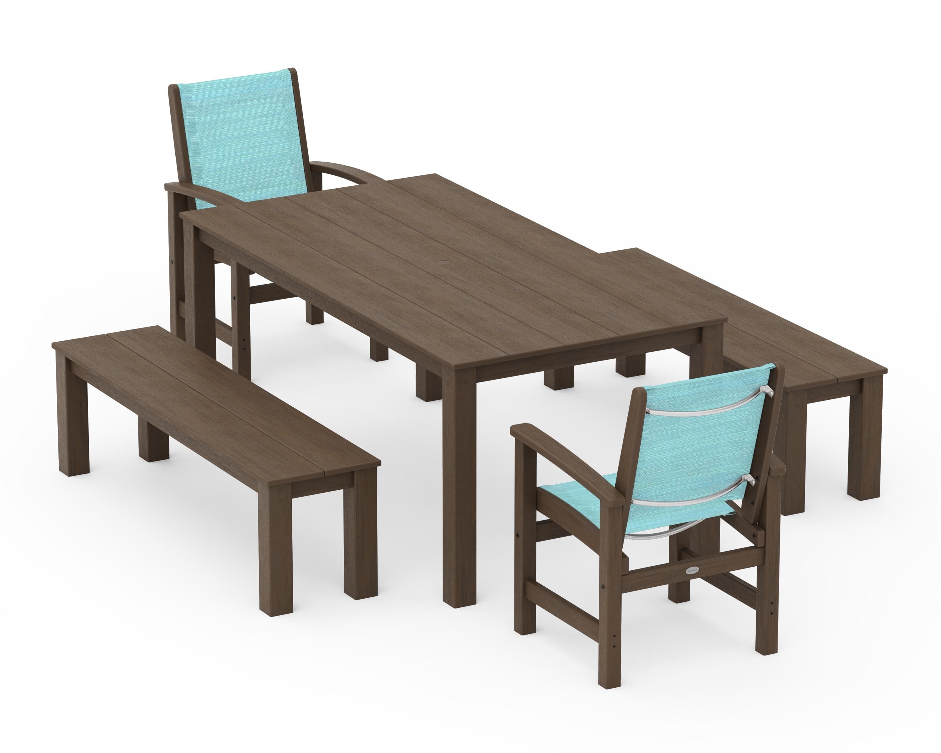POLYWOOD Coastal 5-Piece Parsons Dining Set with Benches in Kona / Dupioni Aquamarine Sling