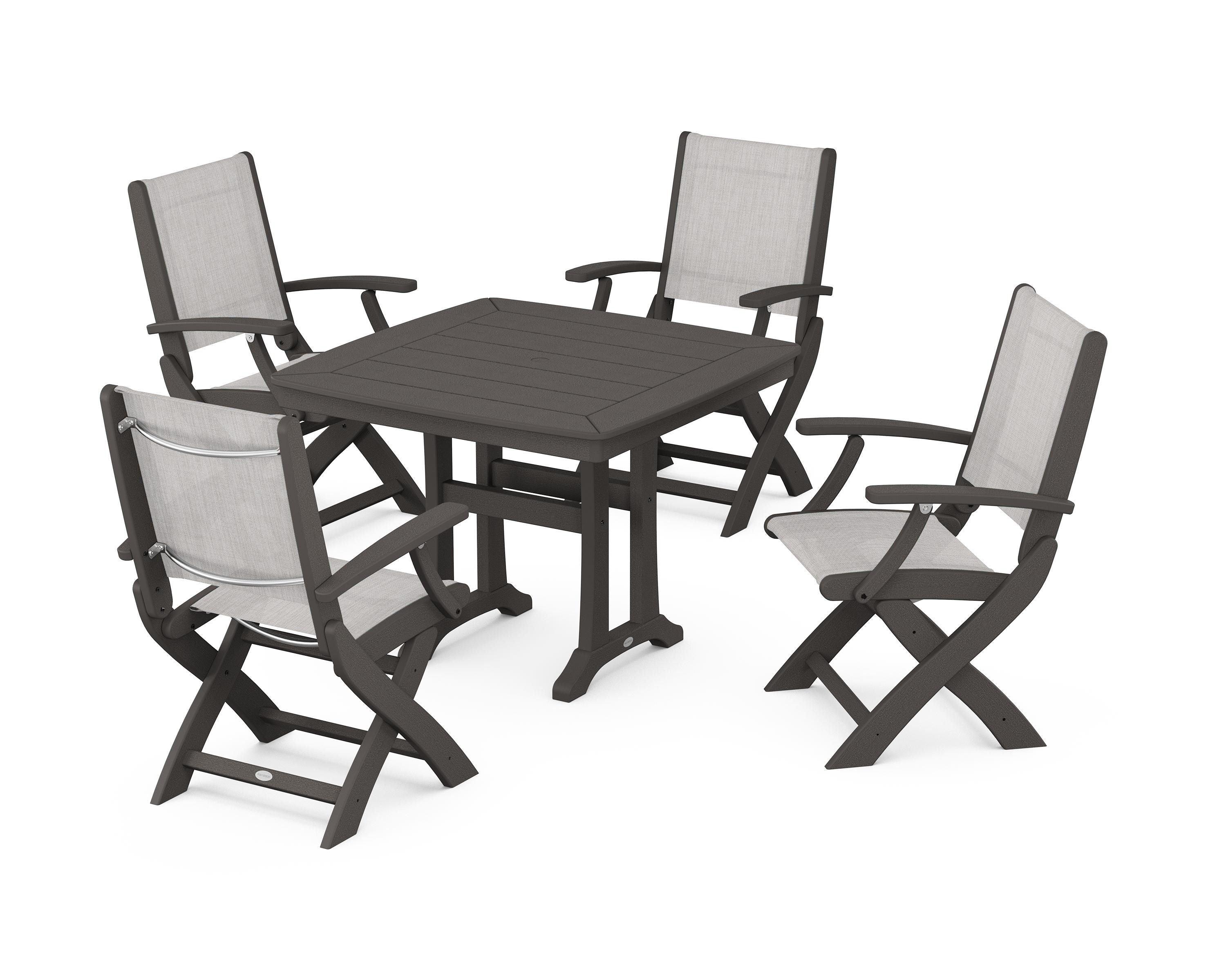 POLYWOOD Coastal Folding Chair 5-Piece Dining Set with Trestle Legs in Vintage Coffee / Parchment Sling