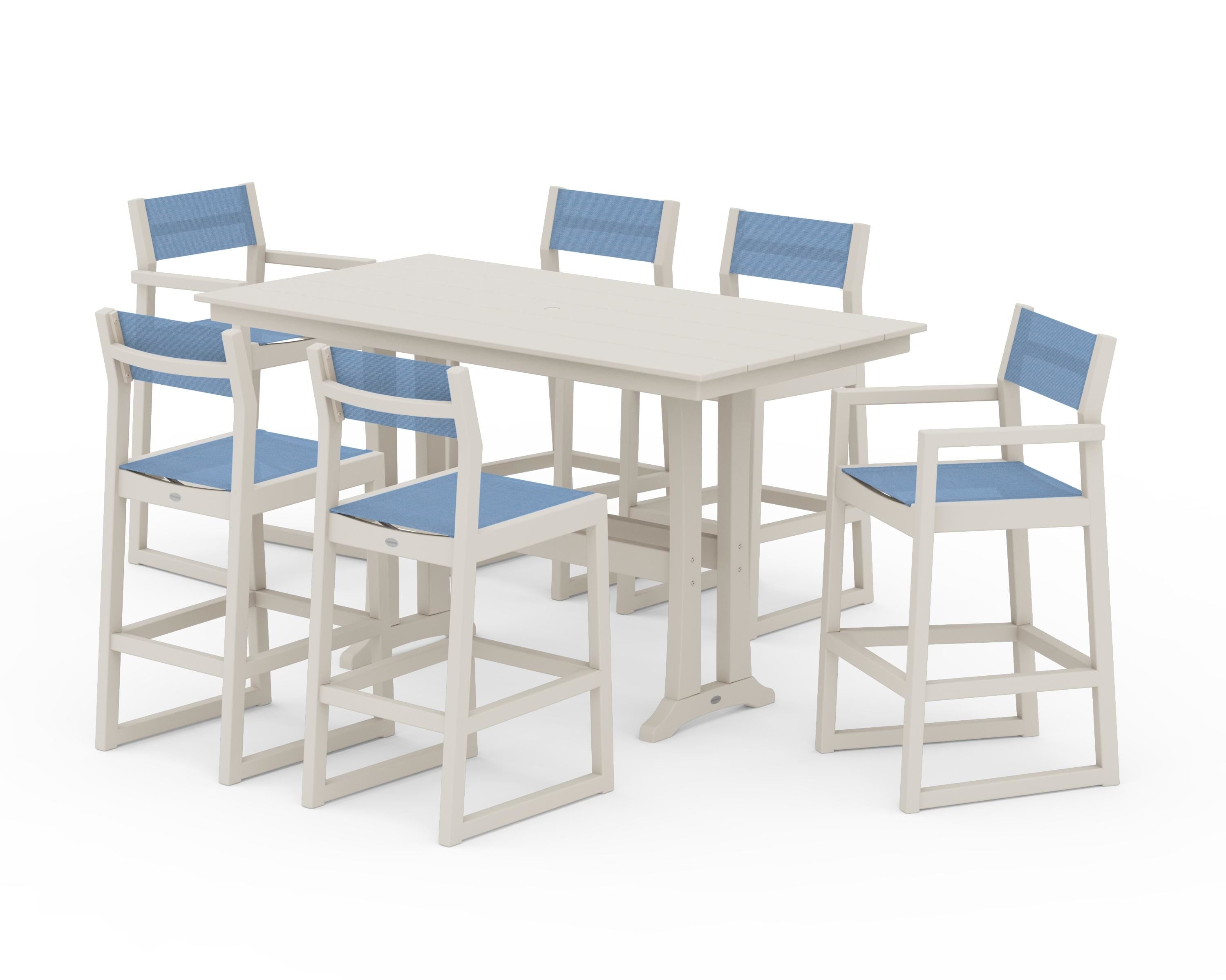 POLYWOOD EDGE Sling 7-Piece Farmhouse Bar Set with Trestle Legs in Sand / Poolside Sling