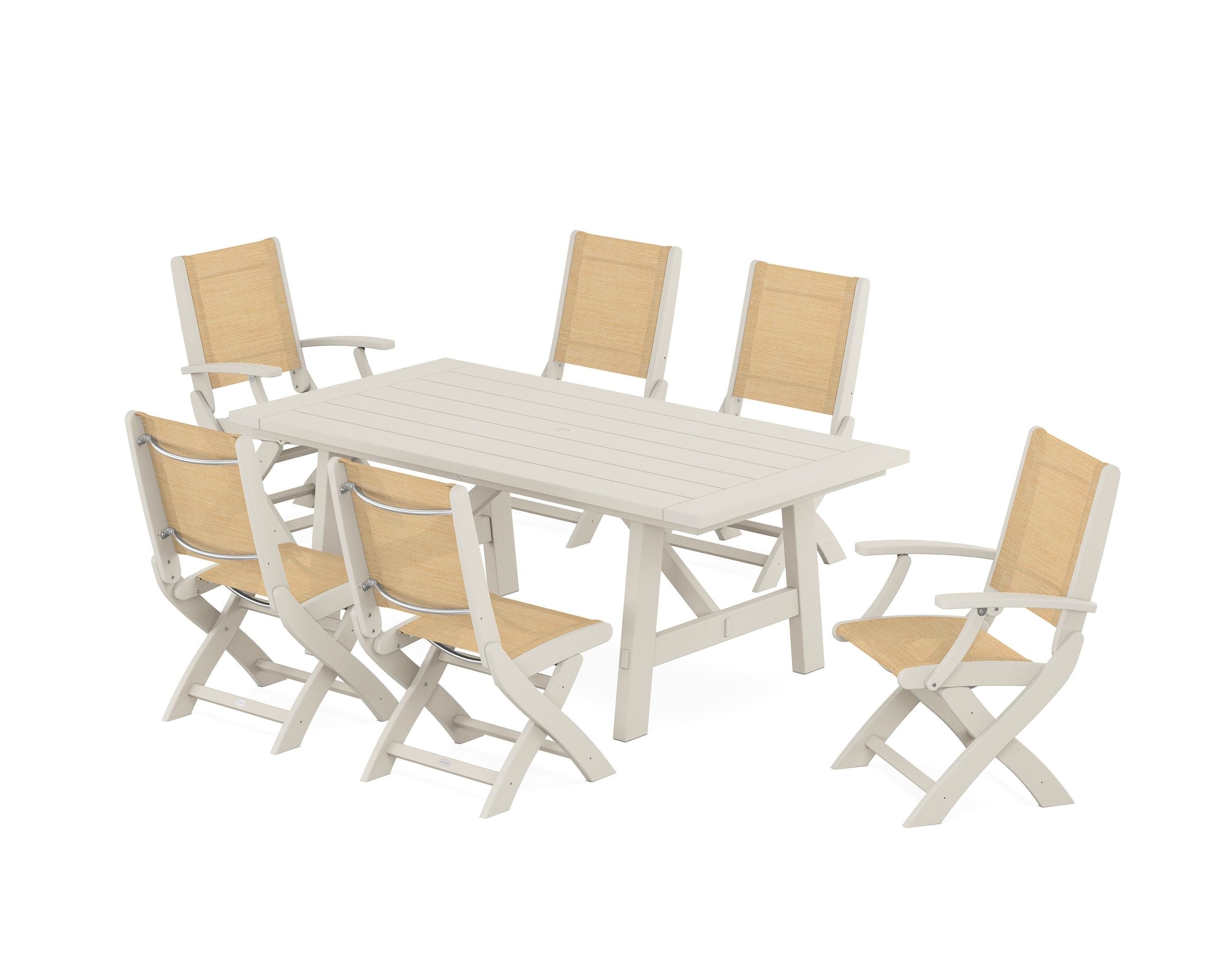 POLYWOOD Coastal Folding Chair 7-Piece Rustic Farmhouse Dining Set in Sand / Dupioni Apricot Sling