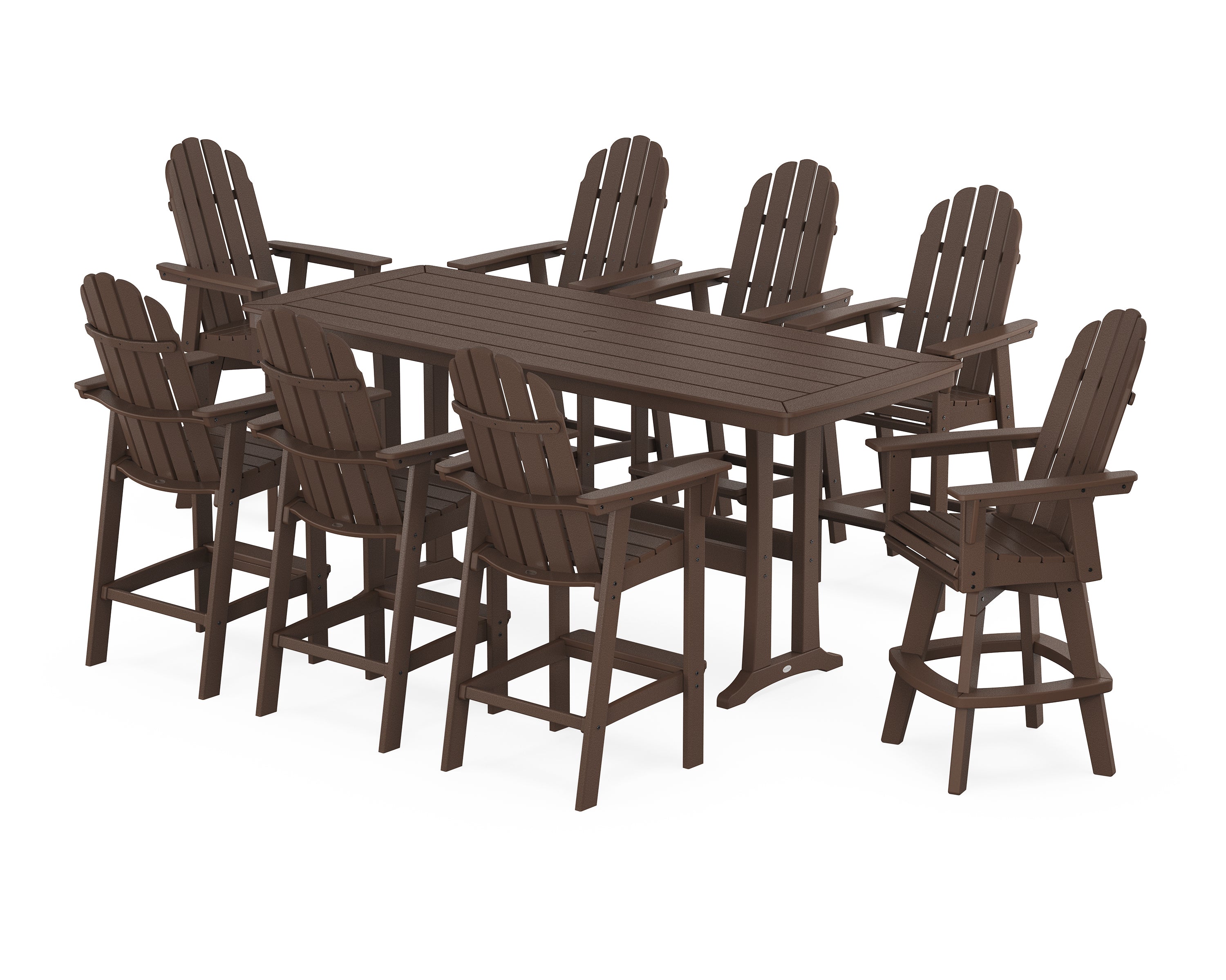 POLYWOOD® Vineyard Curveback Adirondack Swivel 9-Piece Bar Set with Trestle Legs in Mahogany