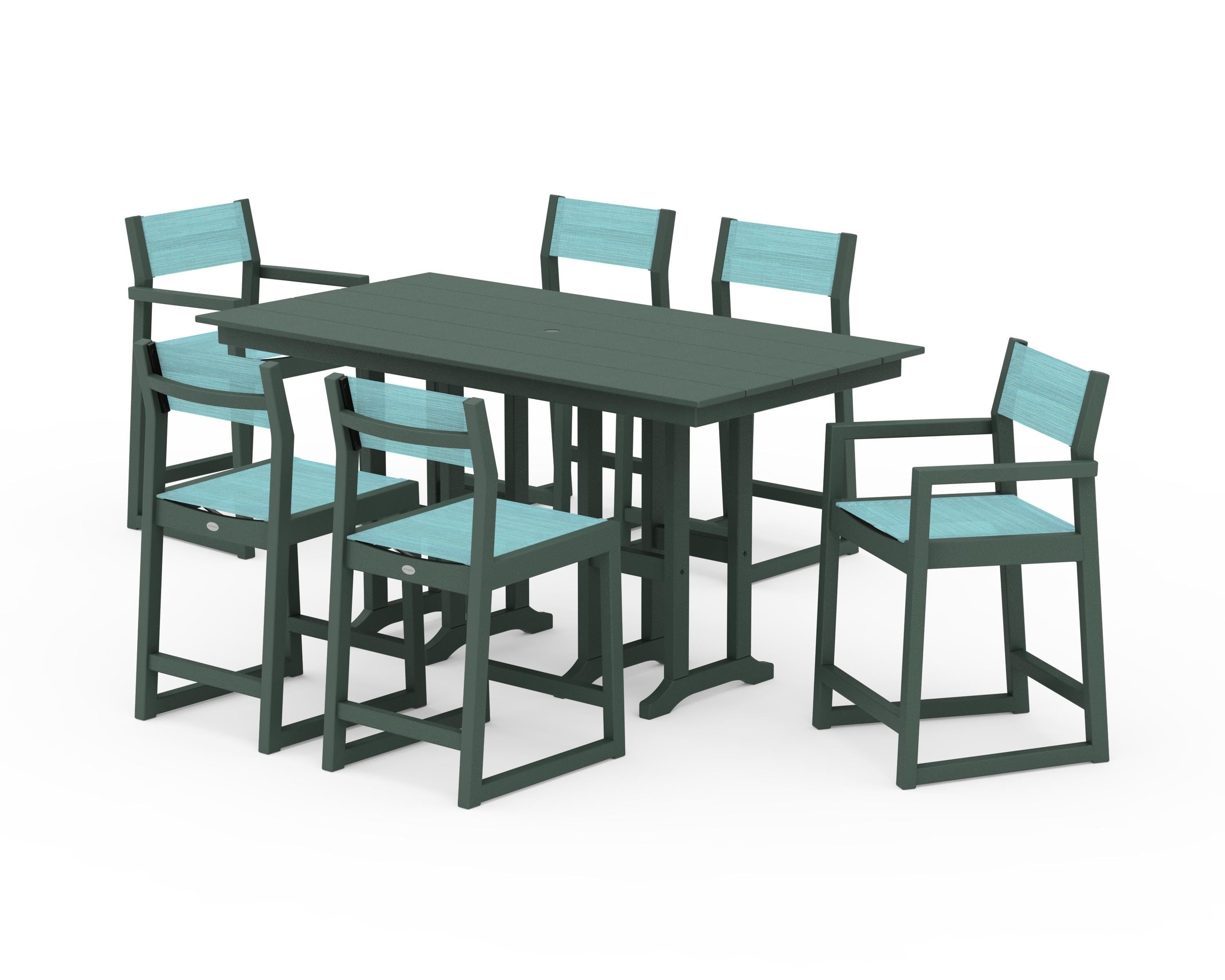 POLYWOOD EDGE Sling 7-Piece Farmhouse Counter Set with Trestle Legs in Green / Dupioni Aquamarine Sling