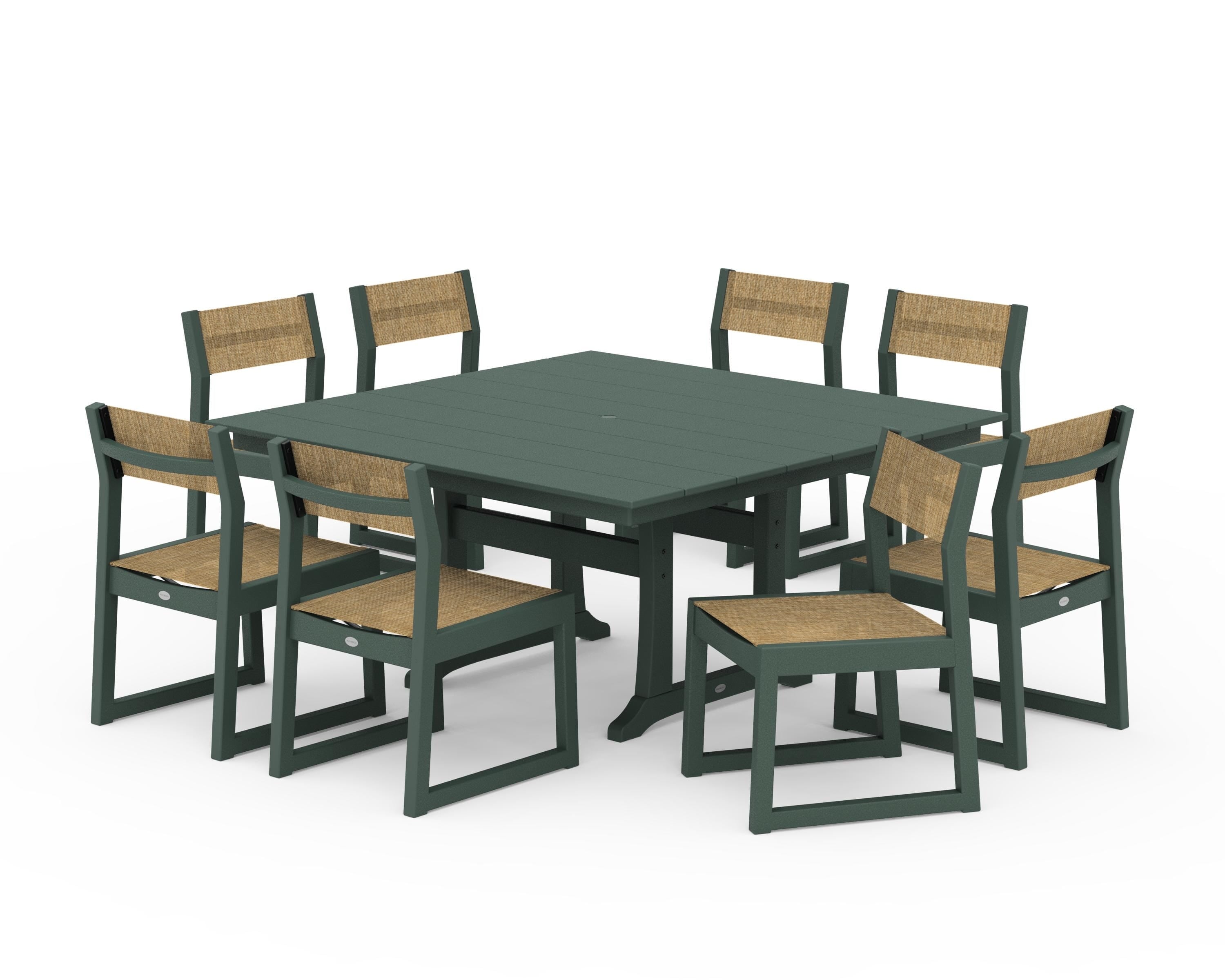 POLYWOOD EDGE Sling Side Chair 9-Piece Farmhouse Trestle Dining Set in Green / Burlap Sling