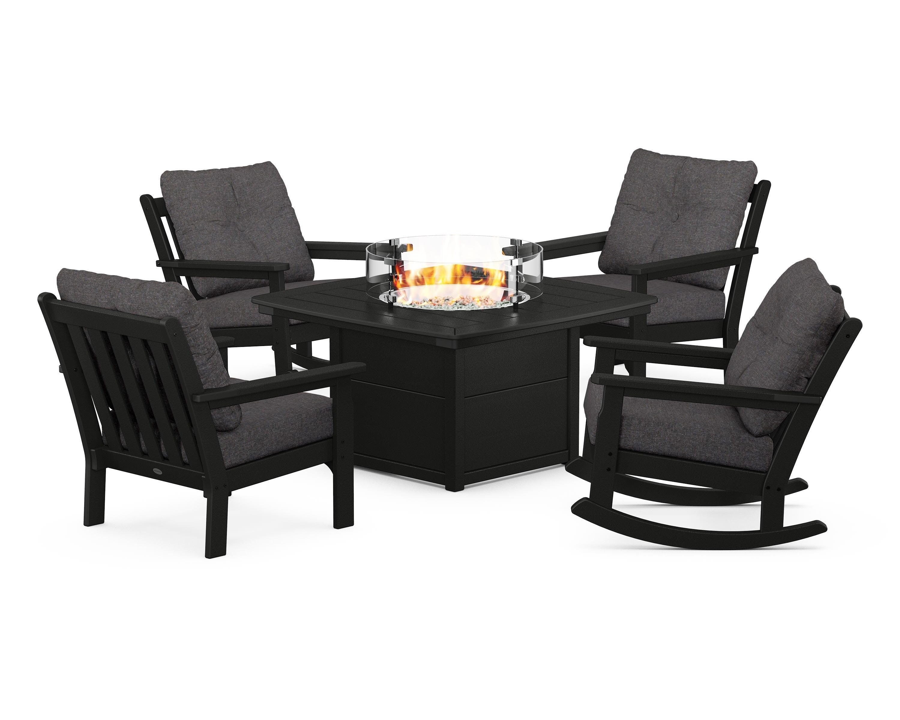 POLYWOOD Vineyard 5-Piece Deep Seating Rocking Chair Conversation Set with Fire Pit Table in Black / Ash Charcoal