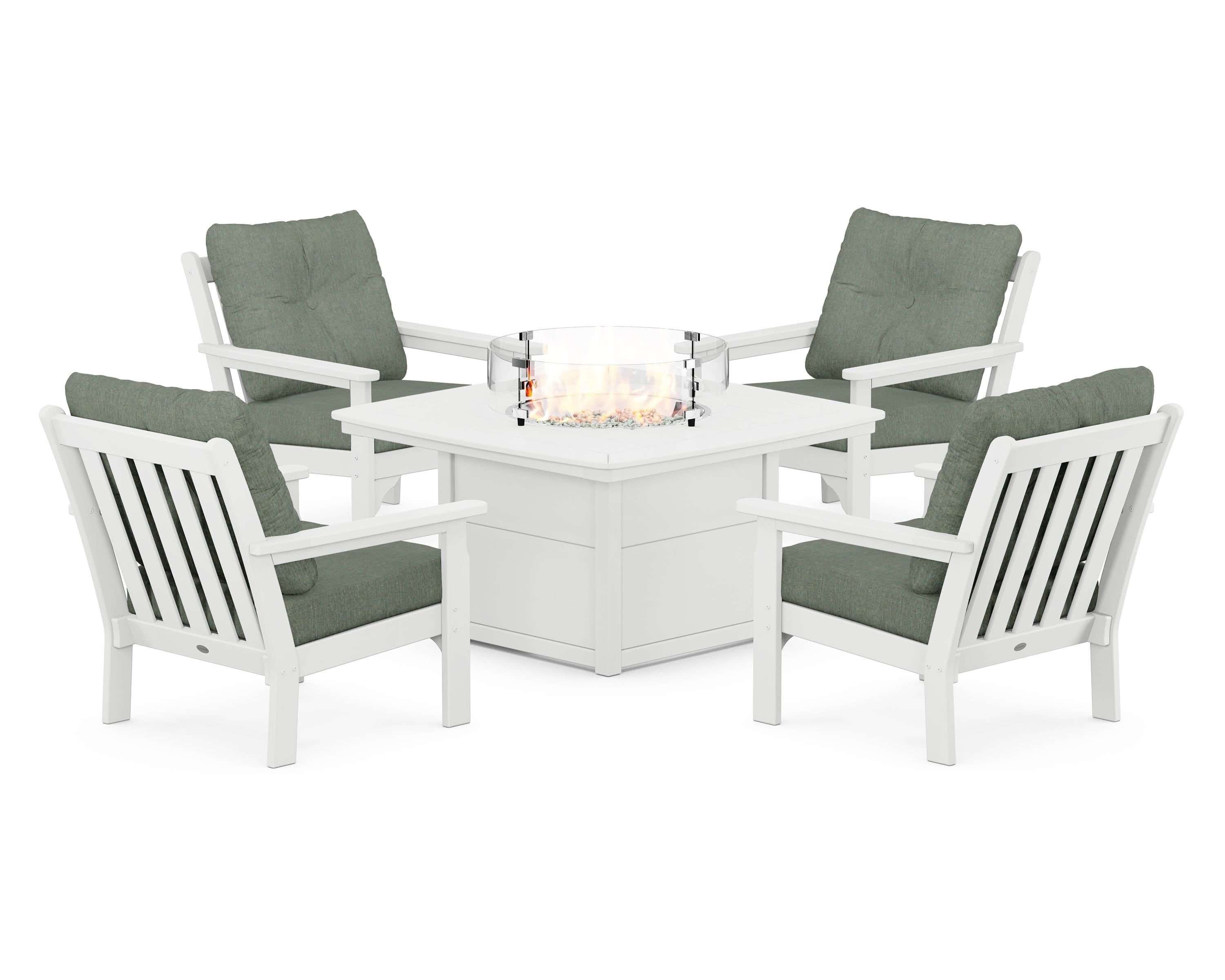 POLYWOOD Vineyard 5-Piece Conversation Set with Fire Pit Table in White / Cast Sage