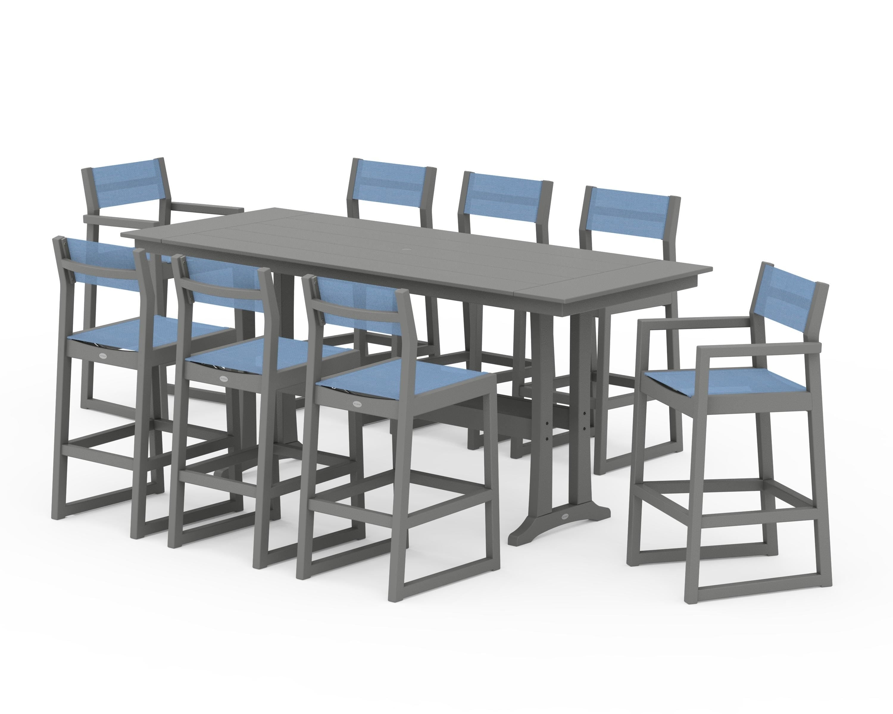 POLYWOOD EDGE Sling 9-Piece Farmhouse Bar Set with Trestle Legs in Slate Grey / Poolside Sling