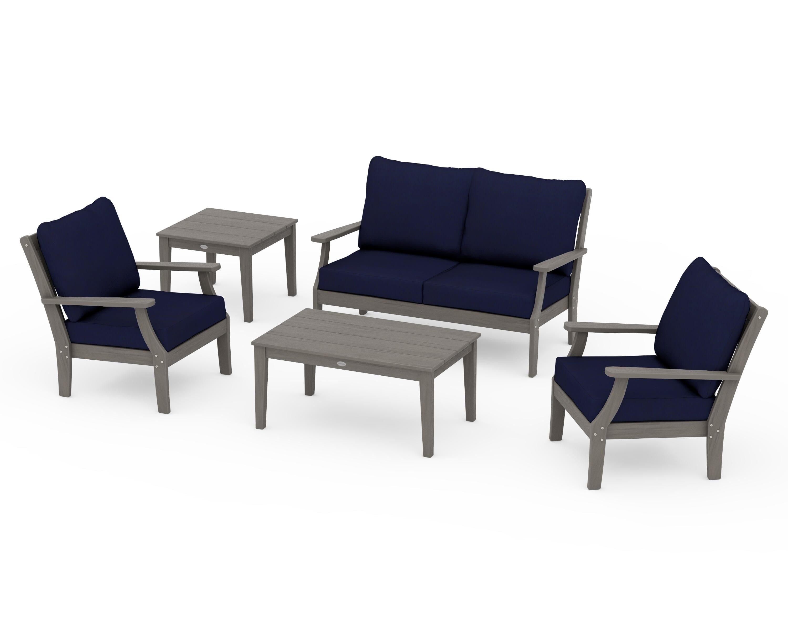 POLYWOOD Braxton 5-Piece Deep Seating Set in Driftwood / Navy
