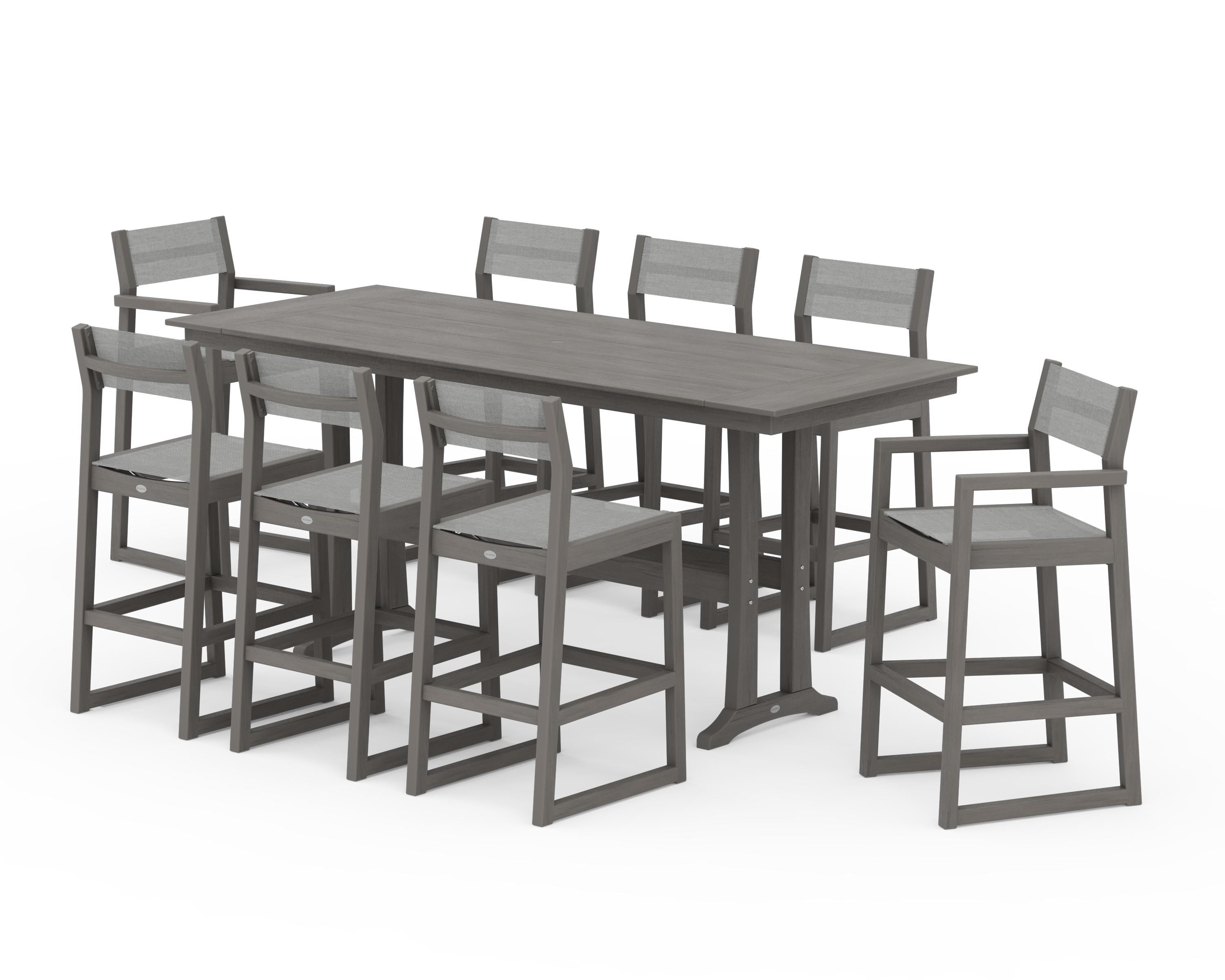 POLYWOOD EDGE Sling 9-Piece Farmhouse Bar Set with Trestle Legs in Driftwood / Metallic Sling