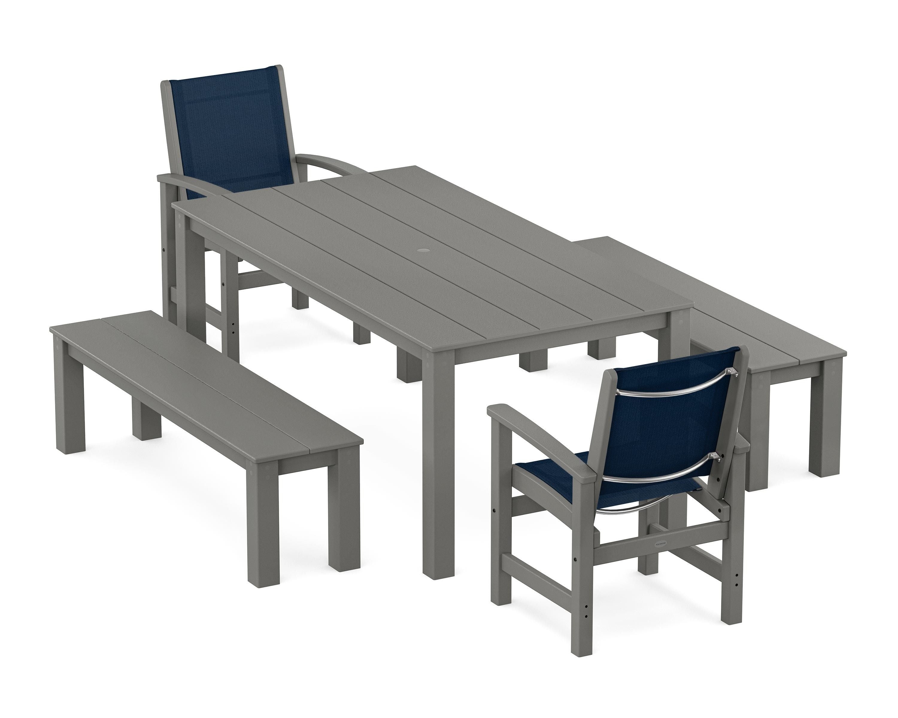 POLYWOOD Coastal 5-Piece Parsons Dining Set with Benches in Slate Grey / Navy Blue Sling