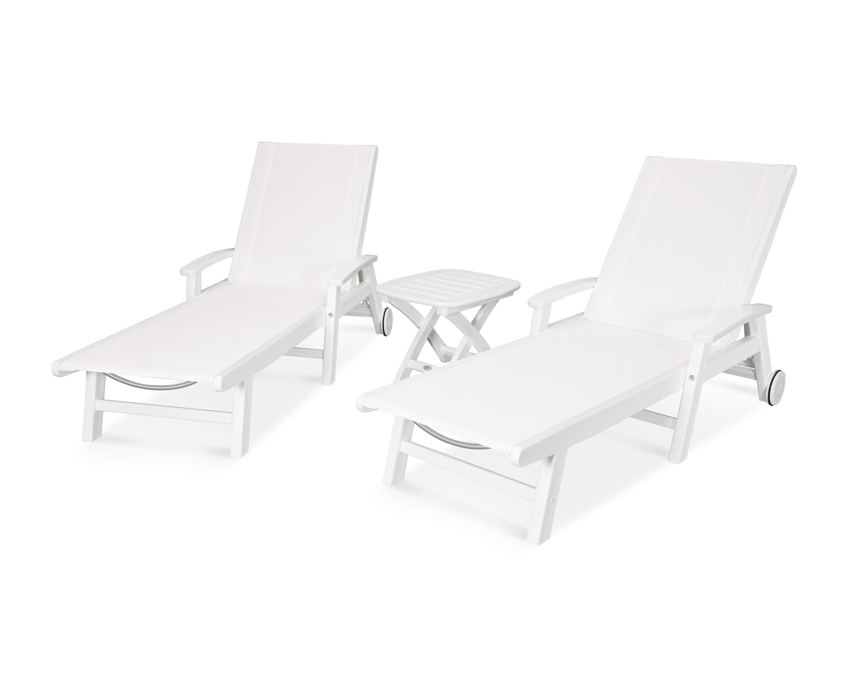 POLYWOOD Coastal 3-Piece Wheeled Chaise Set in White / White Sling