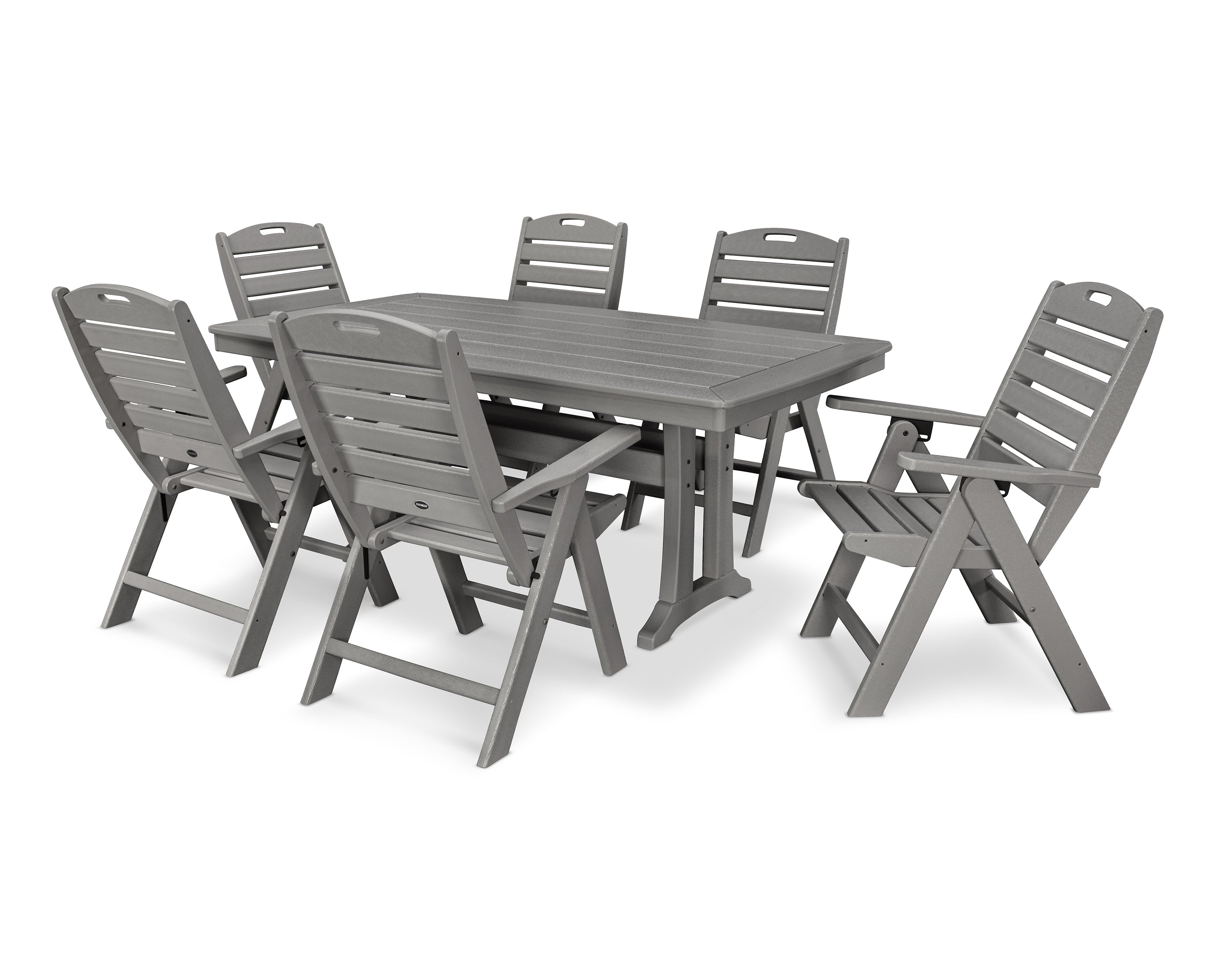POLYWOOD Nautical Folding Highback Chair 7-Piece Dining Set with Trestle Legs in Slate Grey