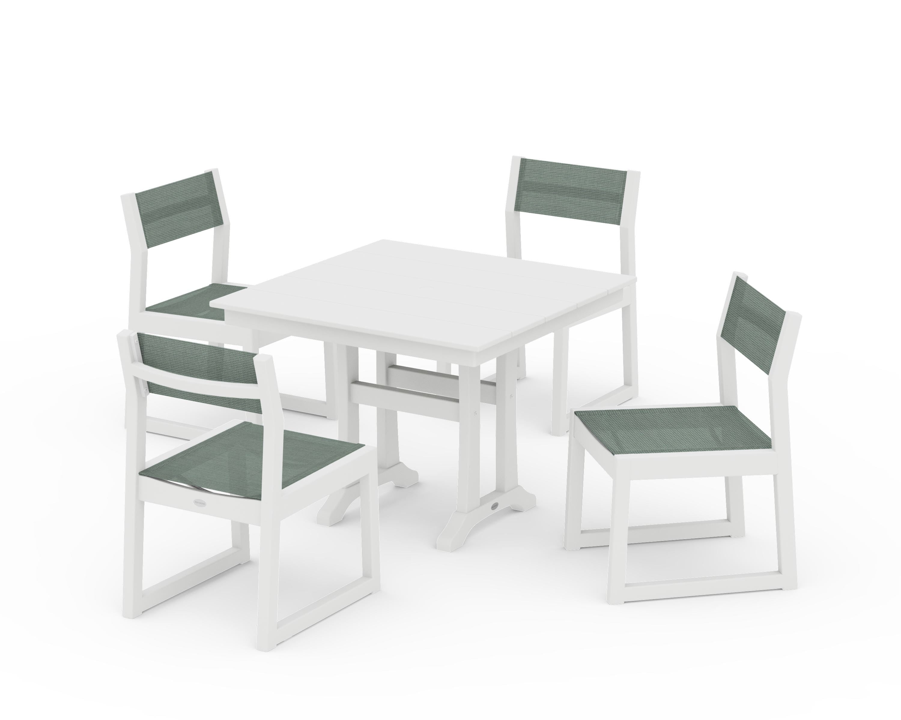 POLYWOOD EDGE Sling 5-Piece Farmhouse Trestle Side Chair Dining Set in White / Dupioni Sea Mist Sling