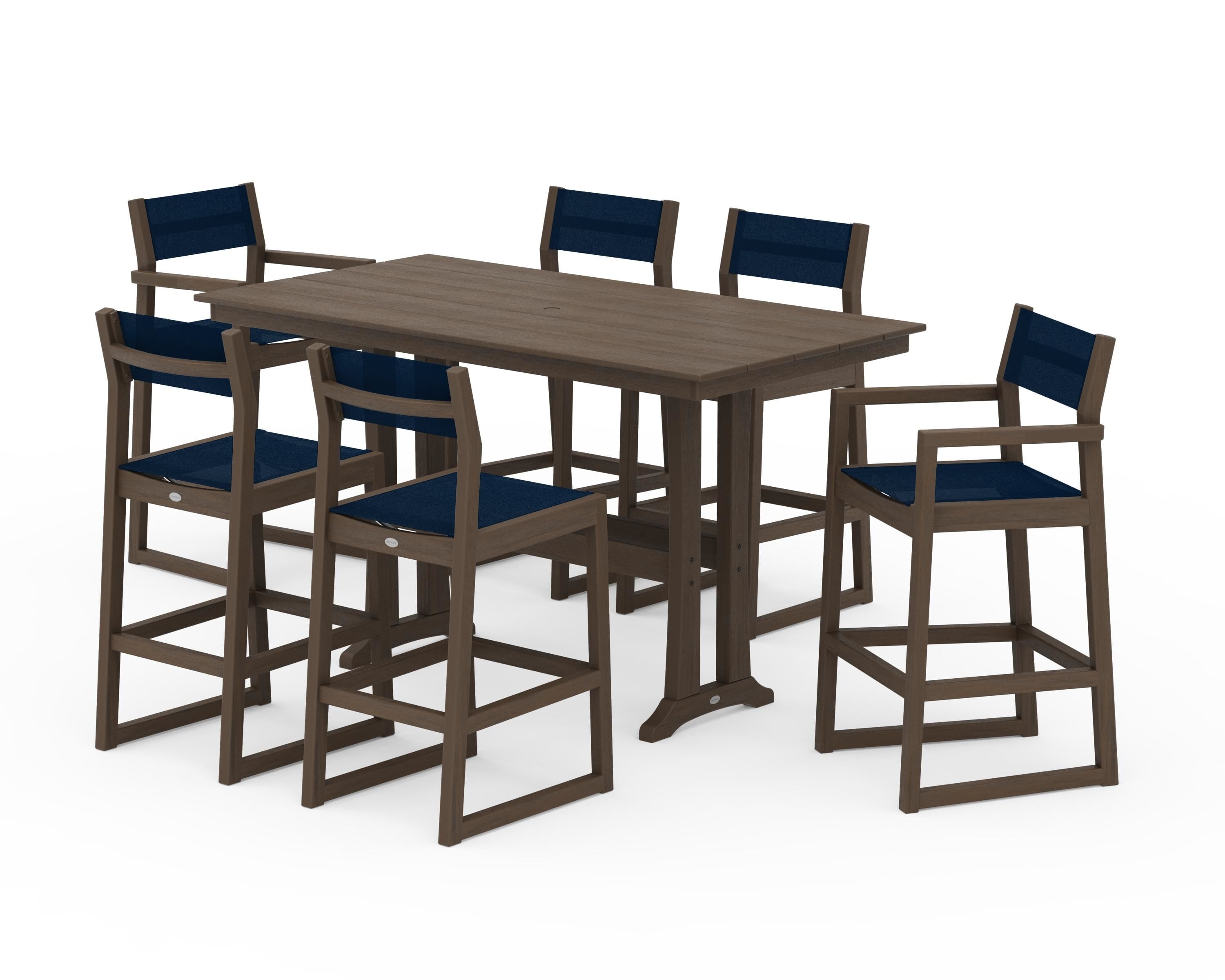 POLYWOOD EDGE Sling 7-Piece Farmhouse Bar Set with Trestle Legs in Kona / Navy Blue Sling