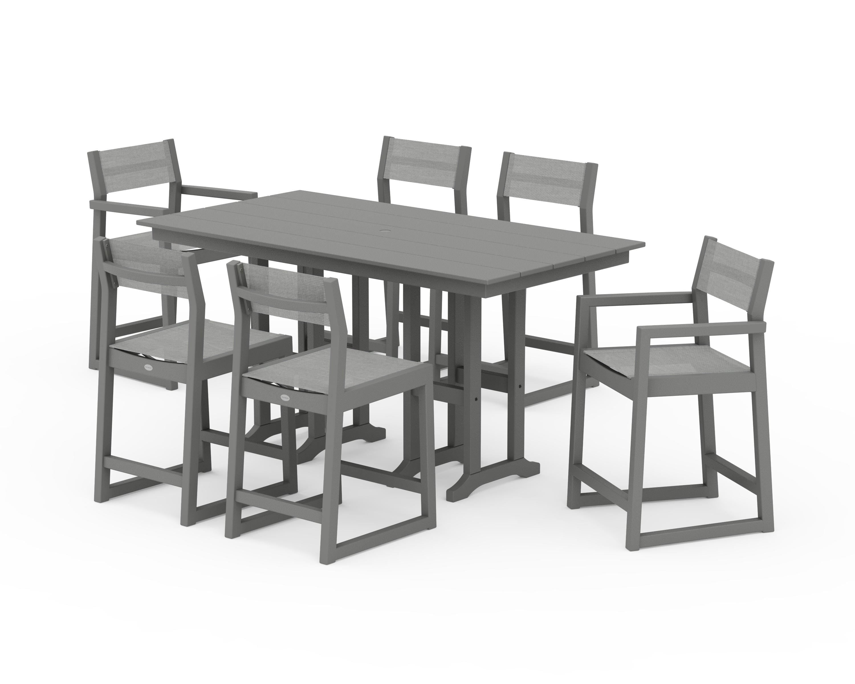POLYWOOD EDGE Sling 7-Piece Farmhouse Counter Set in Slate Grey / Metallic Sling
