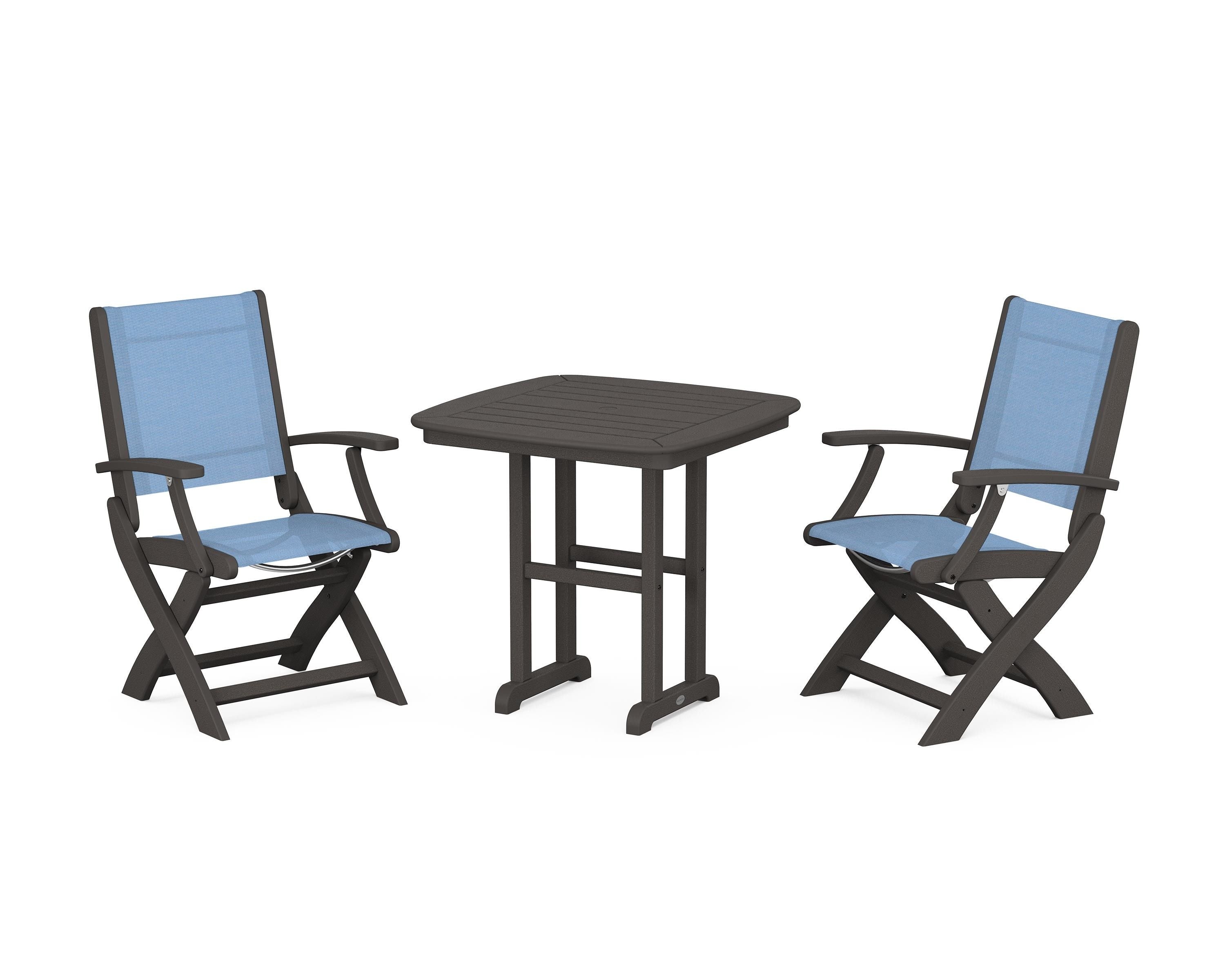 POLYWOOD Coastal Folding Chair 3-Piece Dining Set in Vintage Coffee / Poolside Sling