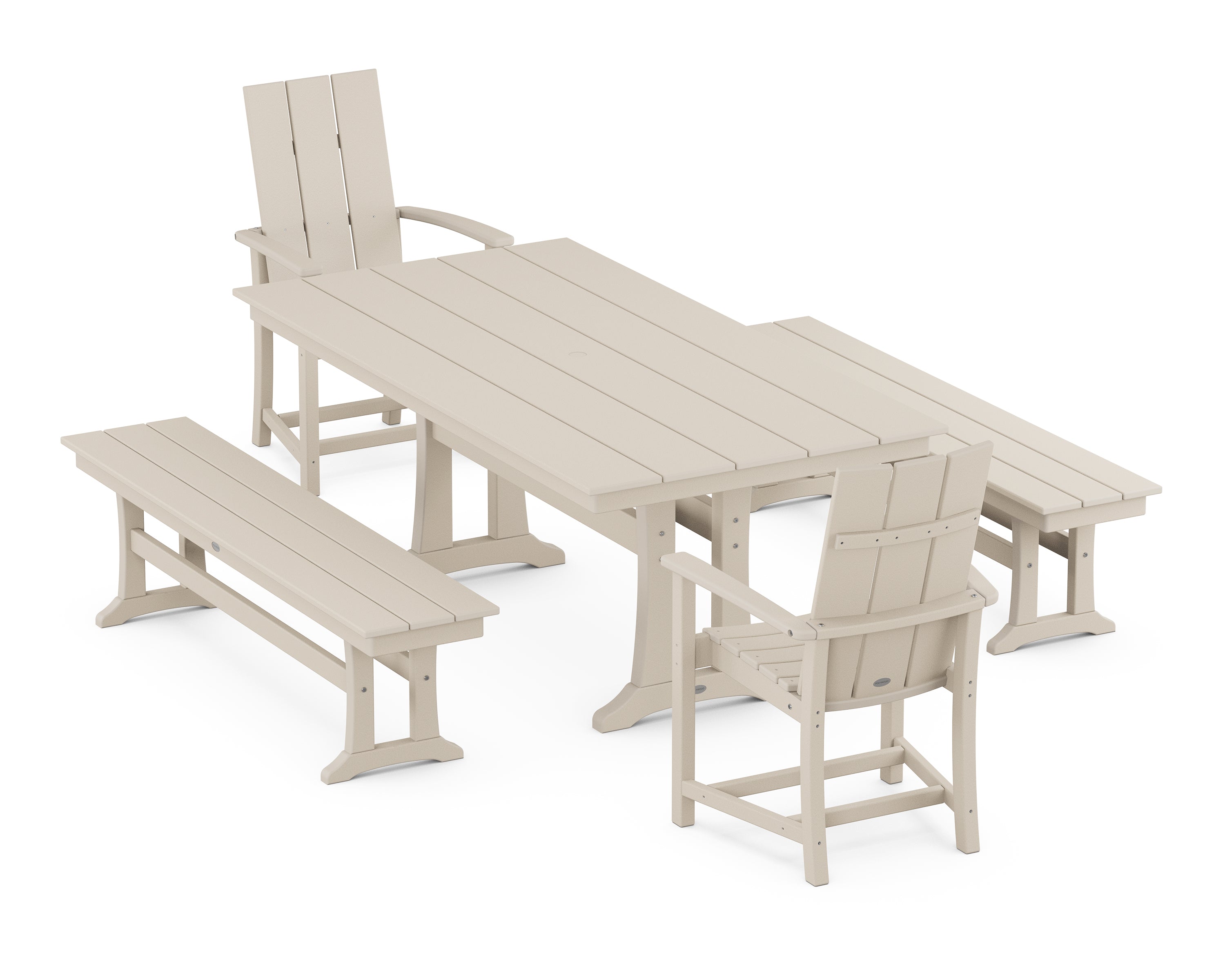 POLYWOOD® Modern Adirondack 5-Piece Farmhouse Dining Set With Trestle Legs in Sand