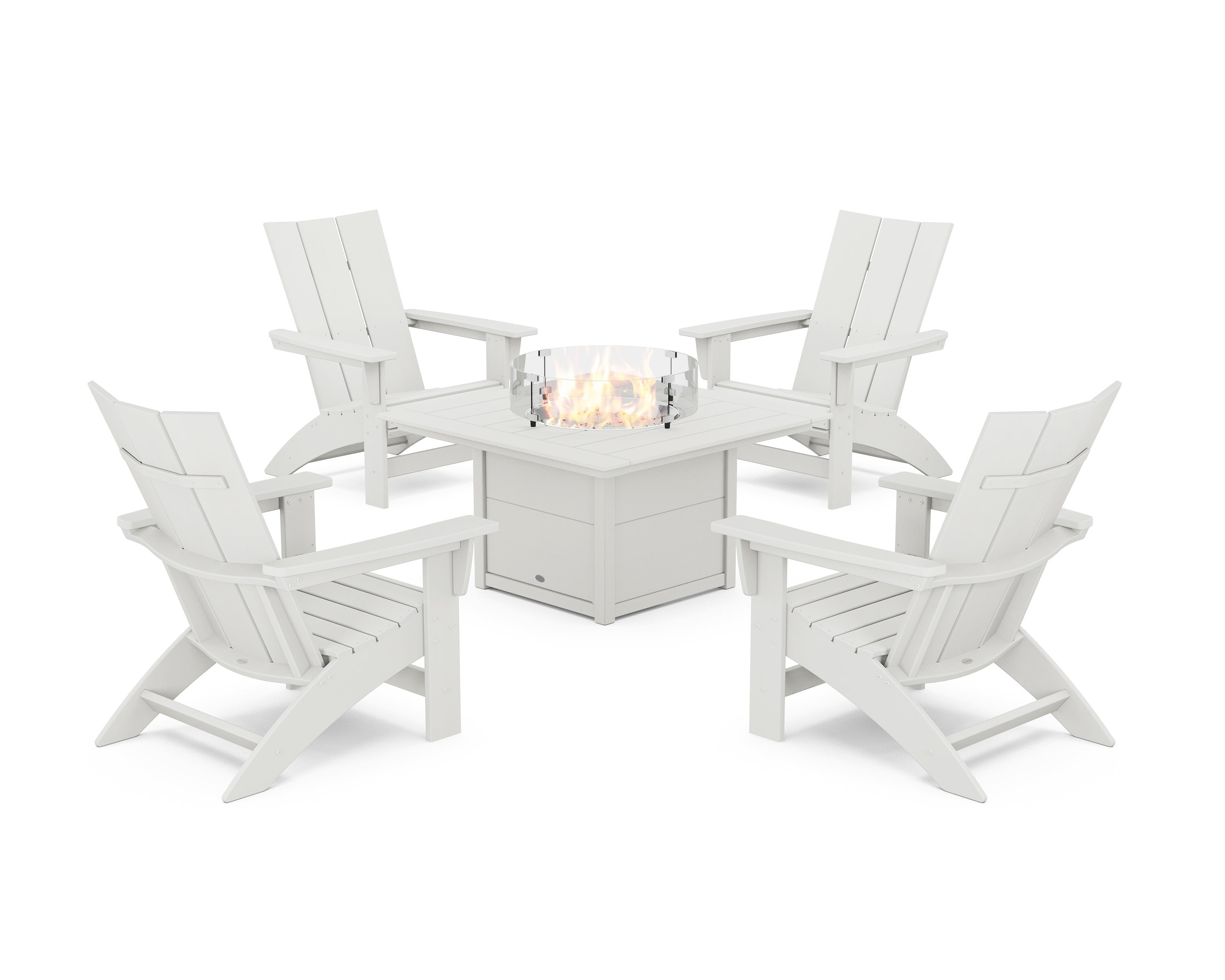 POLYWOOD 5-Piece Modern Grand Adirondack Conversation Set with Fire Pit Table in Vintage White