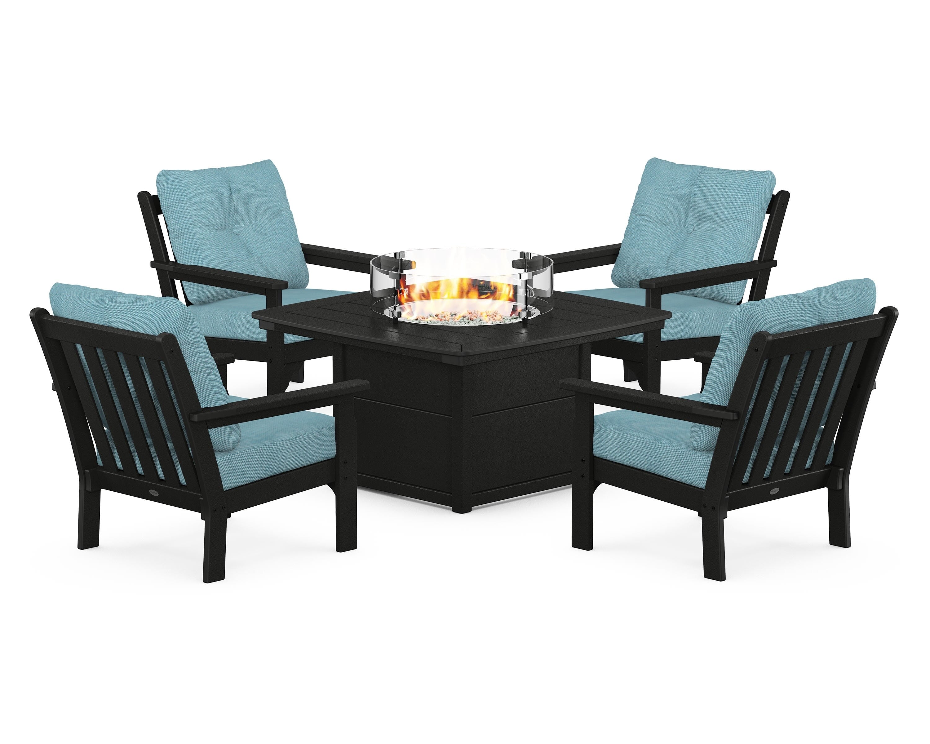 POLYWOOD Vineyard 5-Piece Conversation Set with Fire Pit Table in Black / Lattice Sky Blue