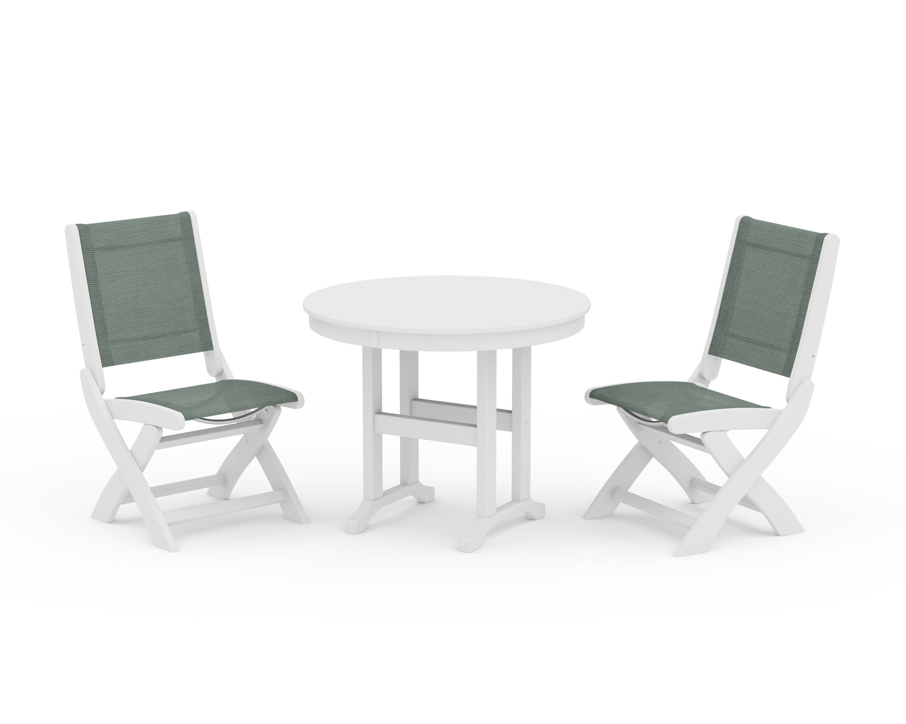 POLYWOOD Coastal Folding Side Chair 3-Piece Round Dining Set in White / Dupioni Sea Mist Sling