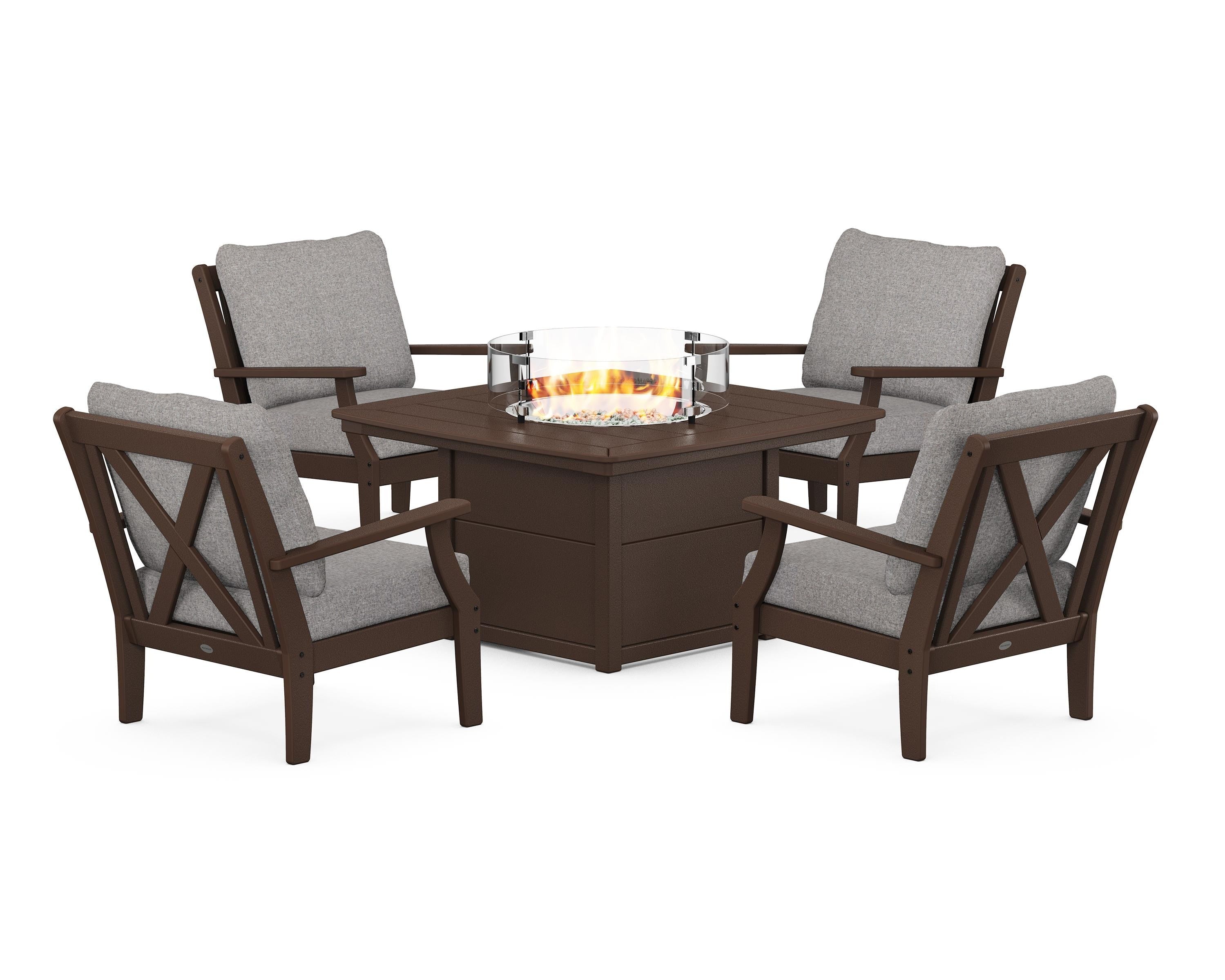 POLYWOOD Braxton 5-Piece Deep Seating Conversation Set with Fire Pit Table in Mahogany / Grey Mist
