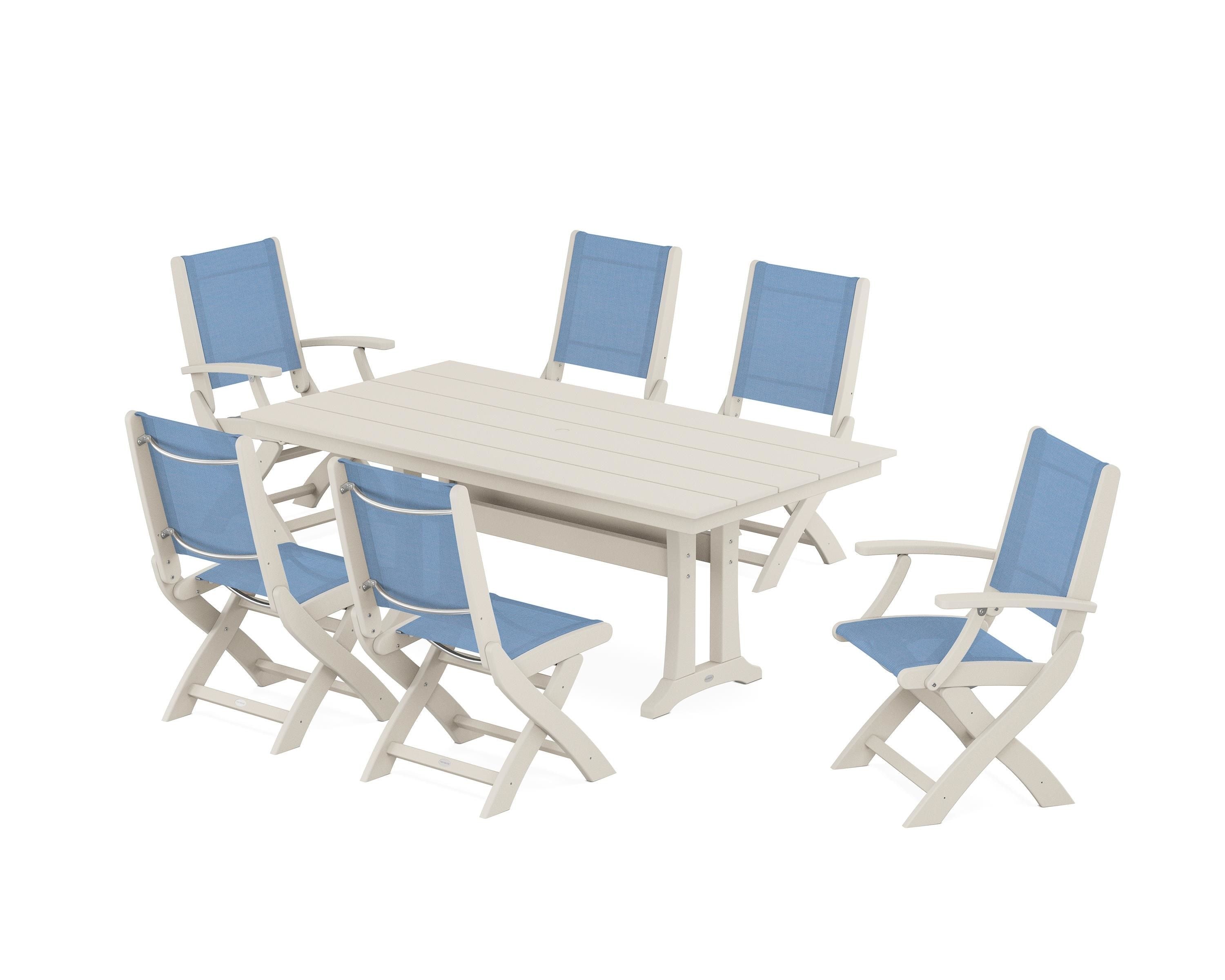 POLYWOOD Coastal Folding Chair 7-Piece Farmhouse Dining Set with Trestle Legs in Sand / Poolside Sling