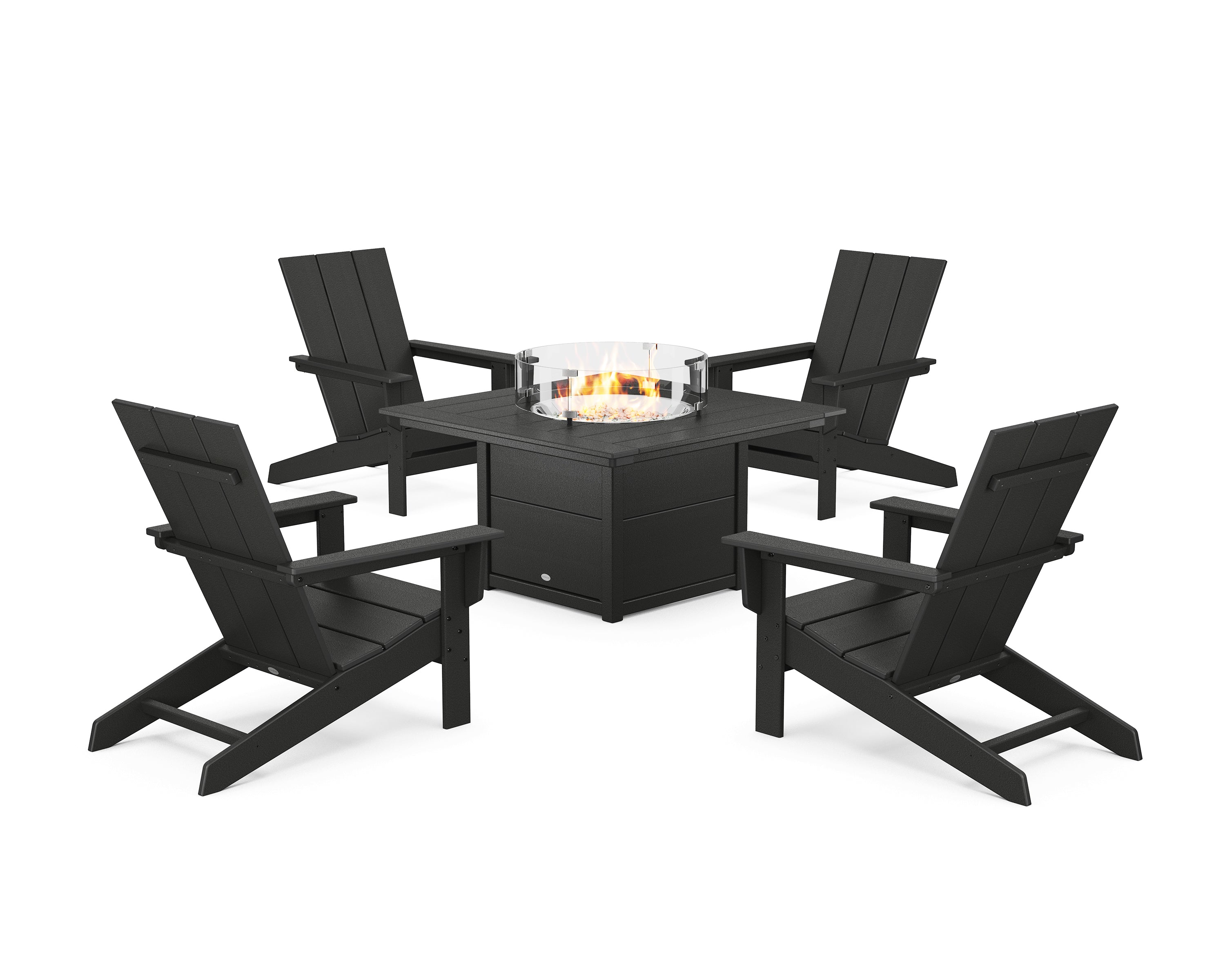 POLYWOOD 5-Piece Modern Studio Adirondack Conversation Set with Fire Pit Table in Black