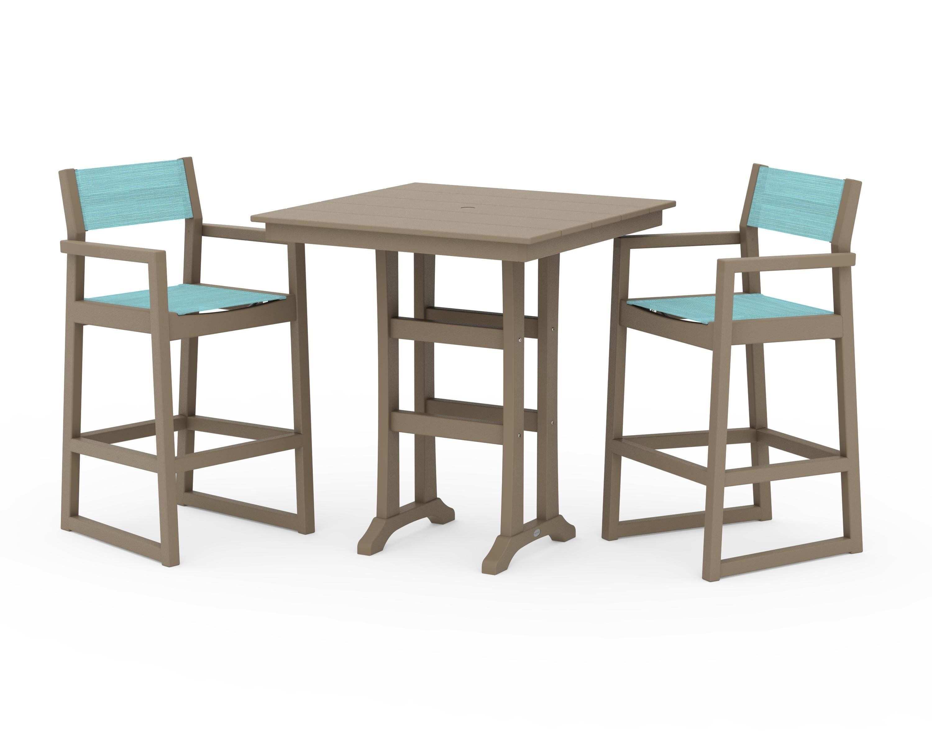 POLYWOOD EDGE Sling Arm Chair 3-Piece Farmhouse Bar Set with Trestle Legs in Vintage Sahara / Dupioni Aquamarine Sling